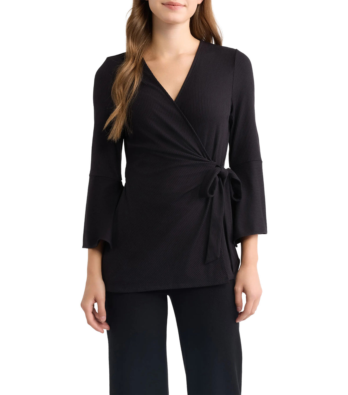 Ruffle Sleeve Ribbed Wrap Top Black