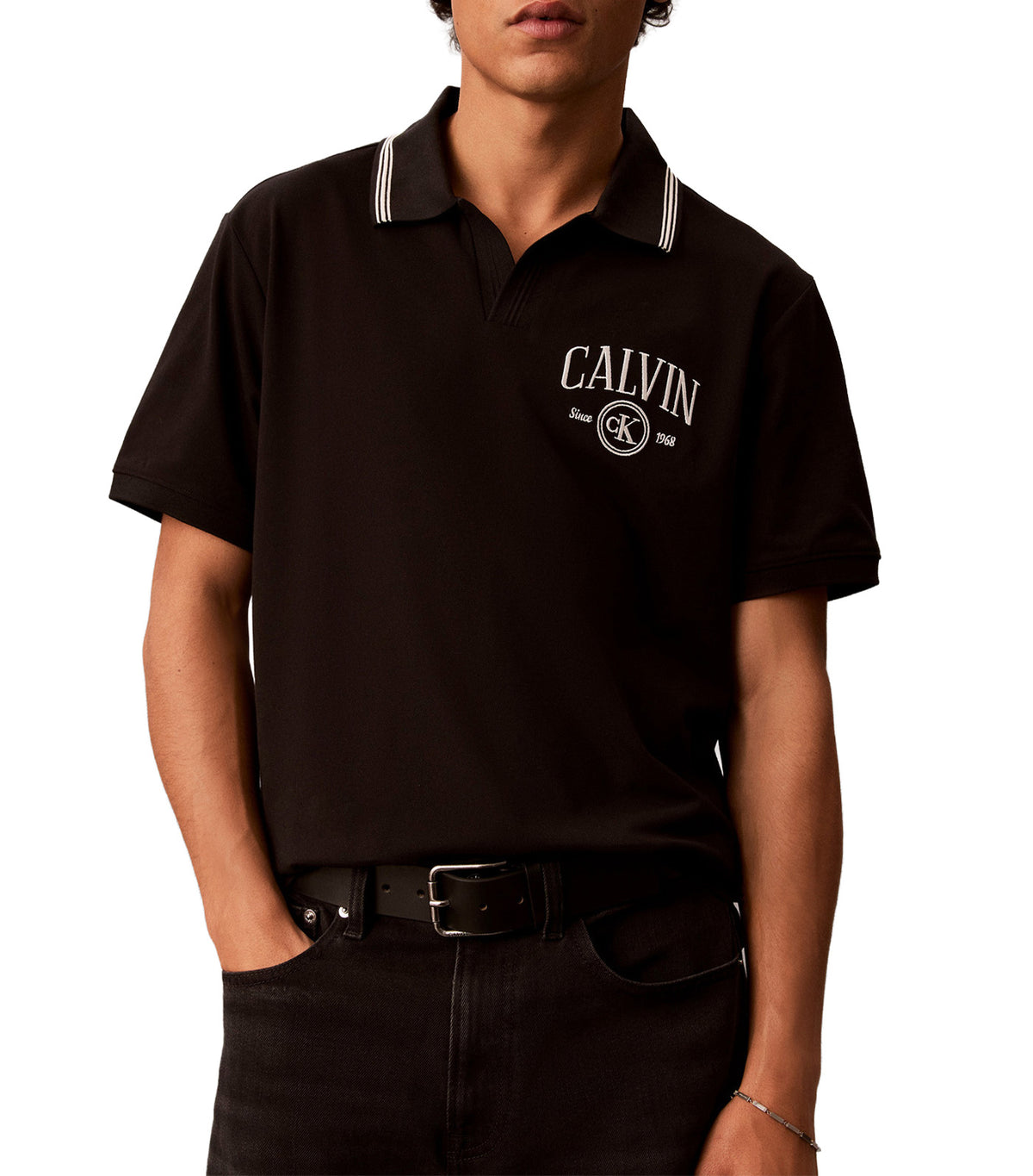 Open Collar Graphic Polo Black