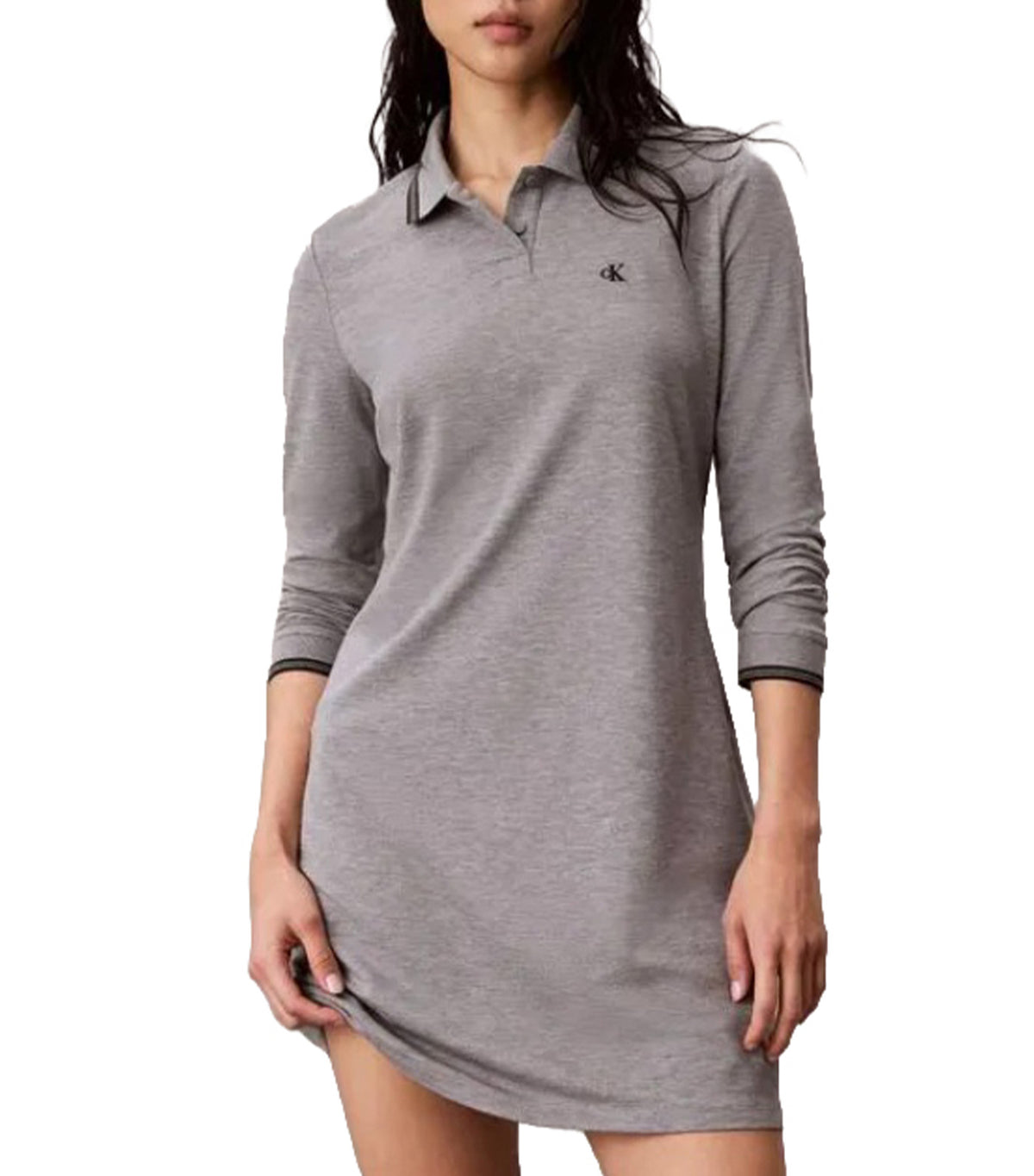 Feminine Pique Stripe Trim Polo Dress Medium Gray Heather