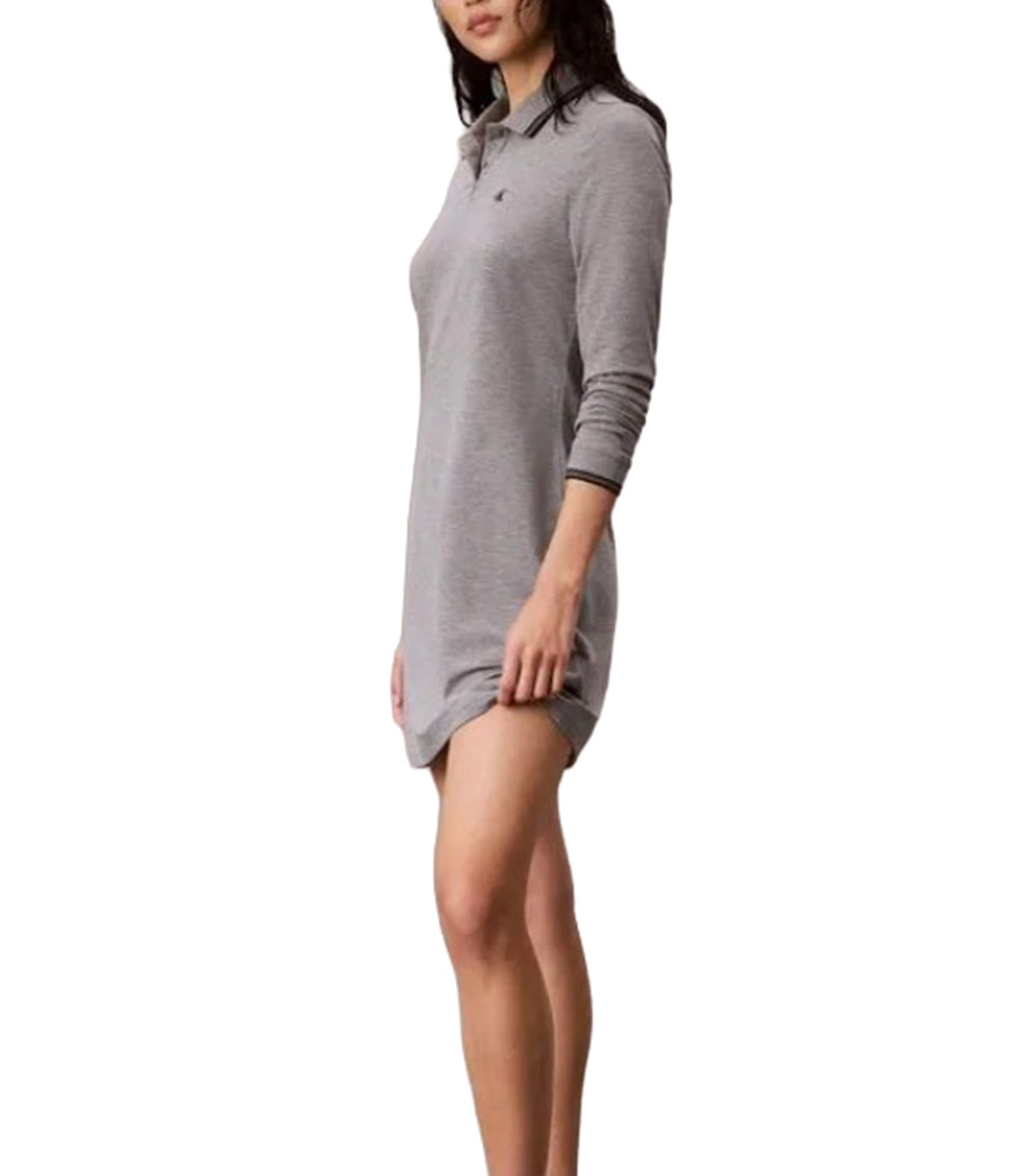 Feminine Pique Stripe Trim Polo Dress Medium Gray Heather