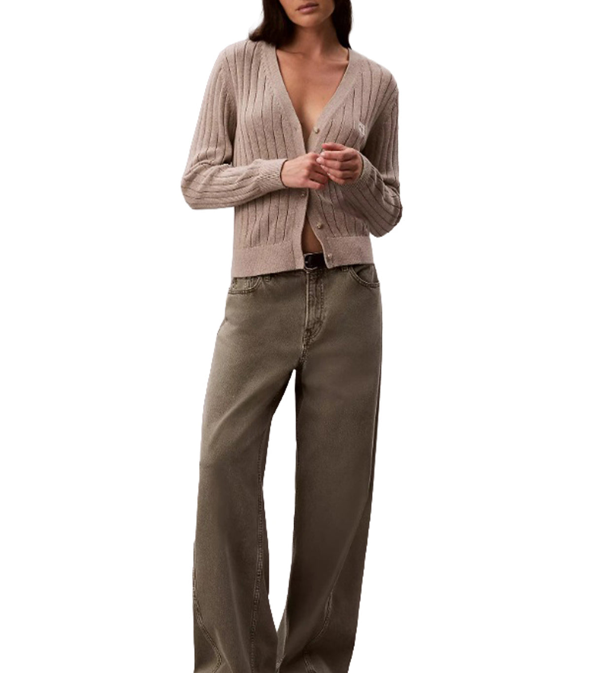Woven Label Cardigan Oatmeal Melange