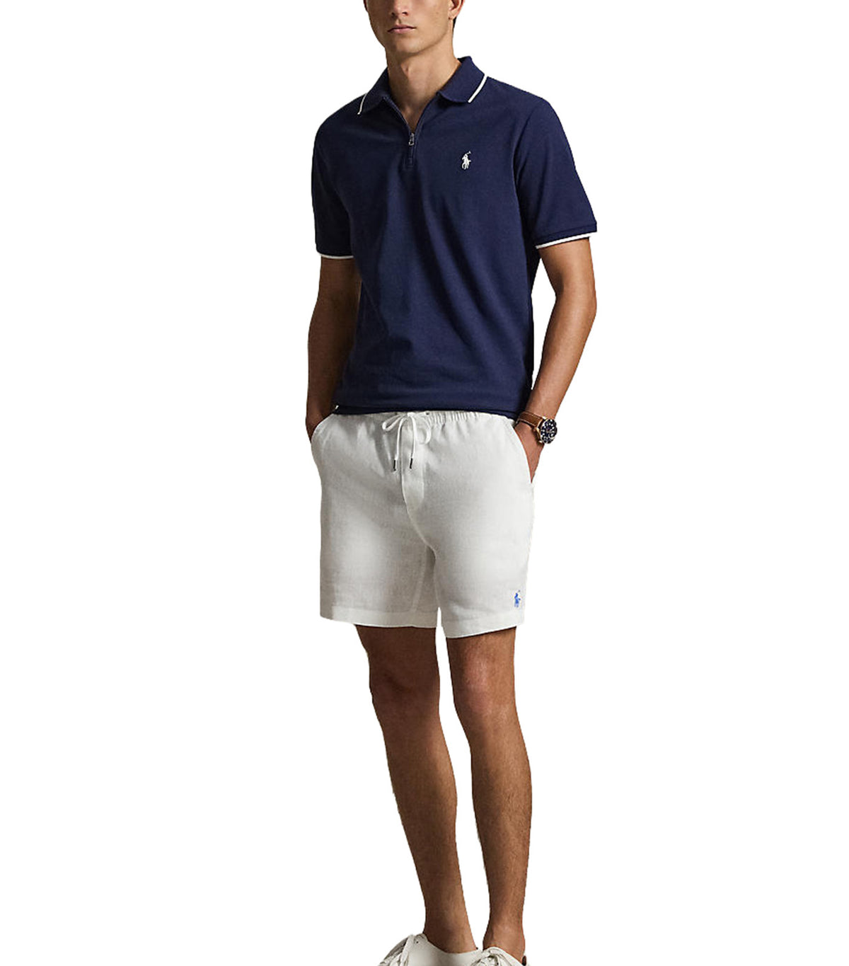 Men's Classic Fit Stretch Mesh Zip Polo Shirt Navy