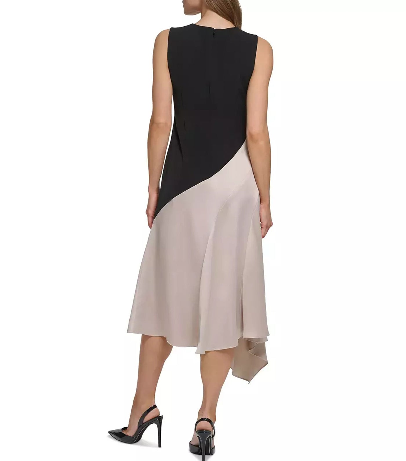 Asymmetrical Hem Skirt Midi Dress Black/Beige