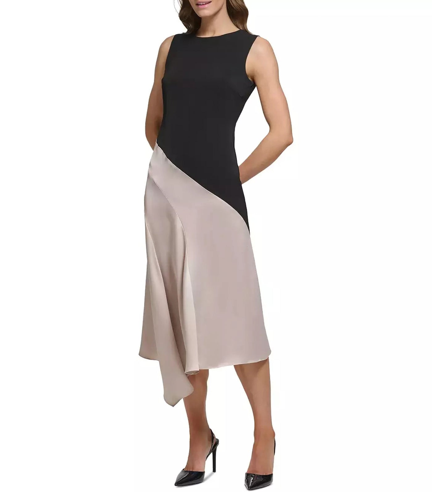 Asymmetrical Hem Skirt Midi Dress Black/Beige