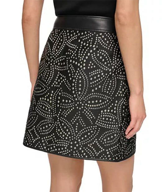 Faux Stud Front Zip Mini Skirt Silver/Black