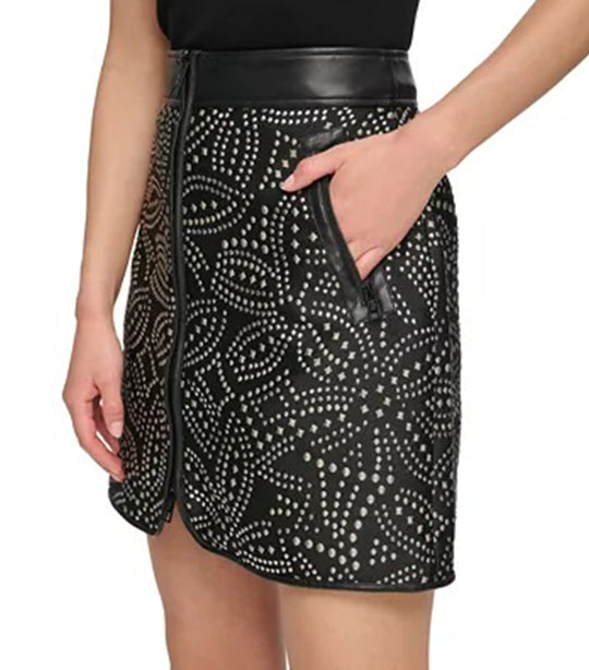 Faux Stud Front Zip Mini Skirt Silver/Black