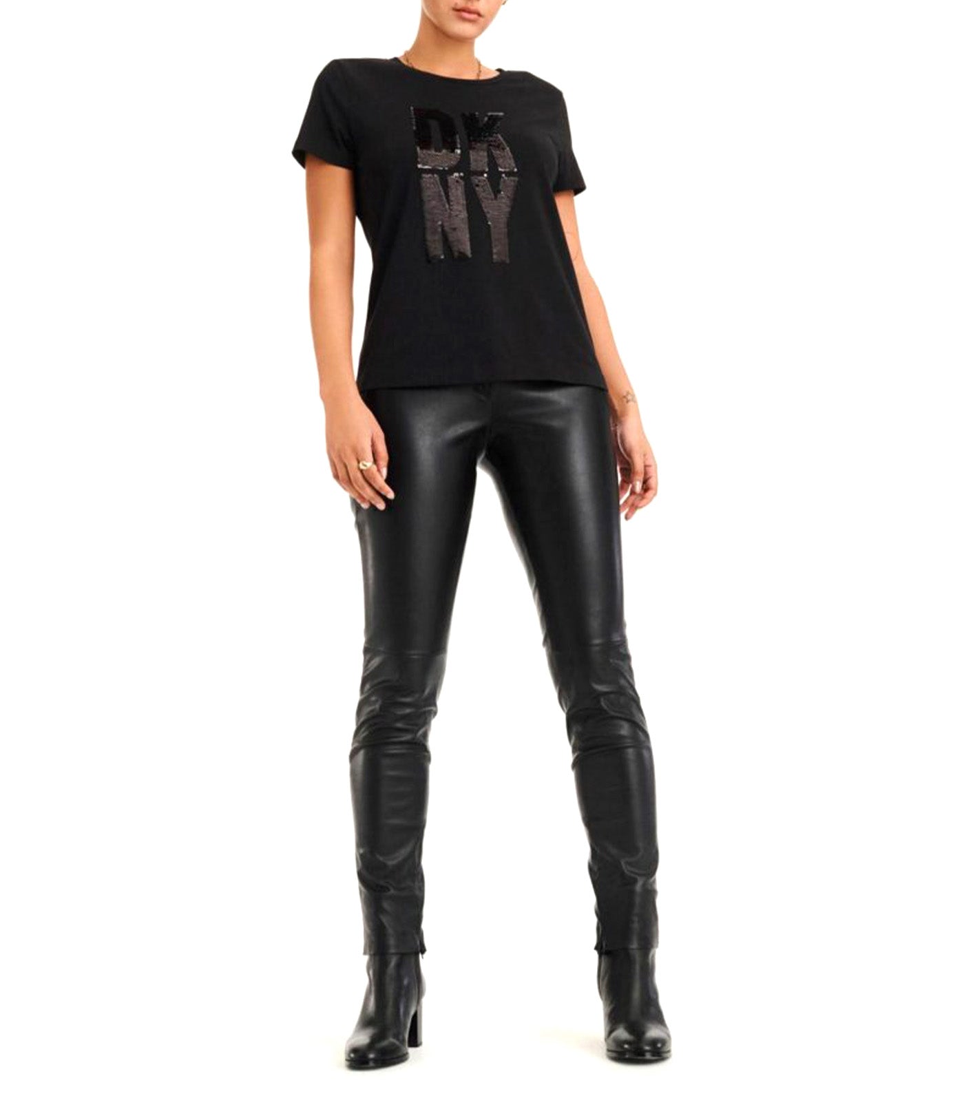 Dkny Womens Faux Leather Logo Leggings In Black