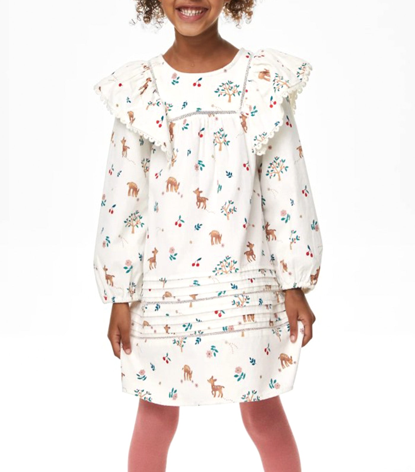 Cotton Rich Deer Print Dress with Tights Cream