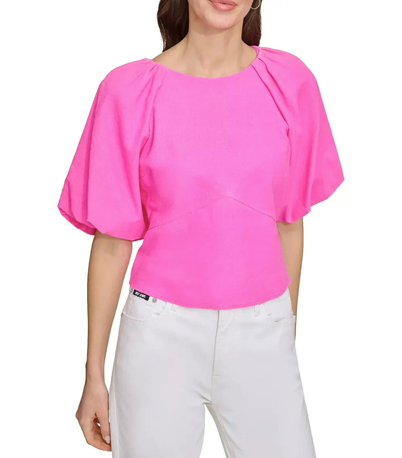 Puff Sleeve Viscose Linen Top Shocking Pink