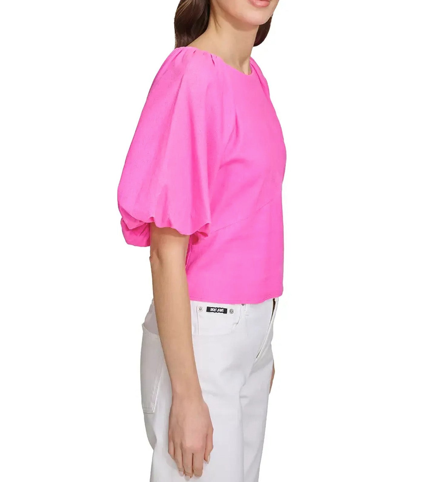 Puff Sleeve Viscose Linen Top Shocking Pink