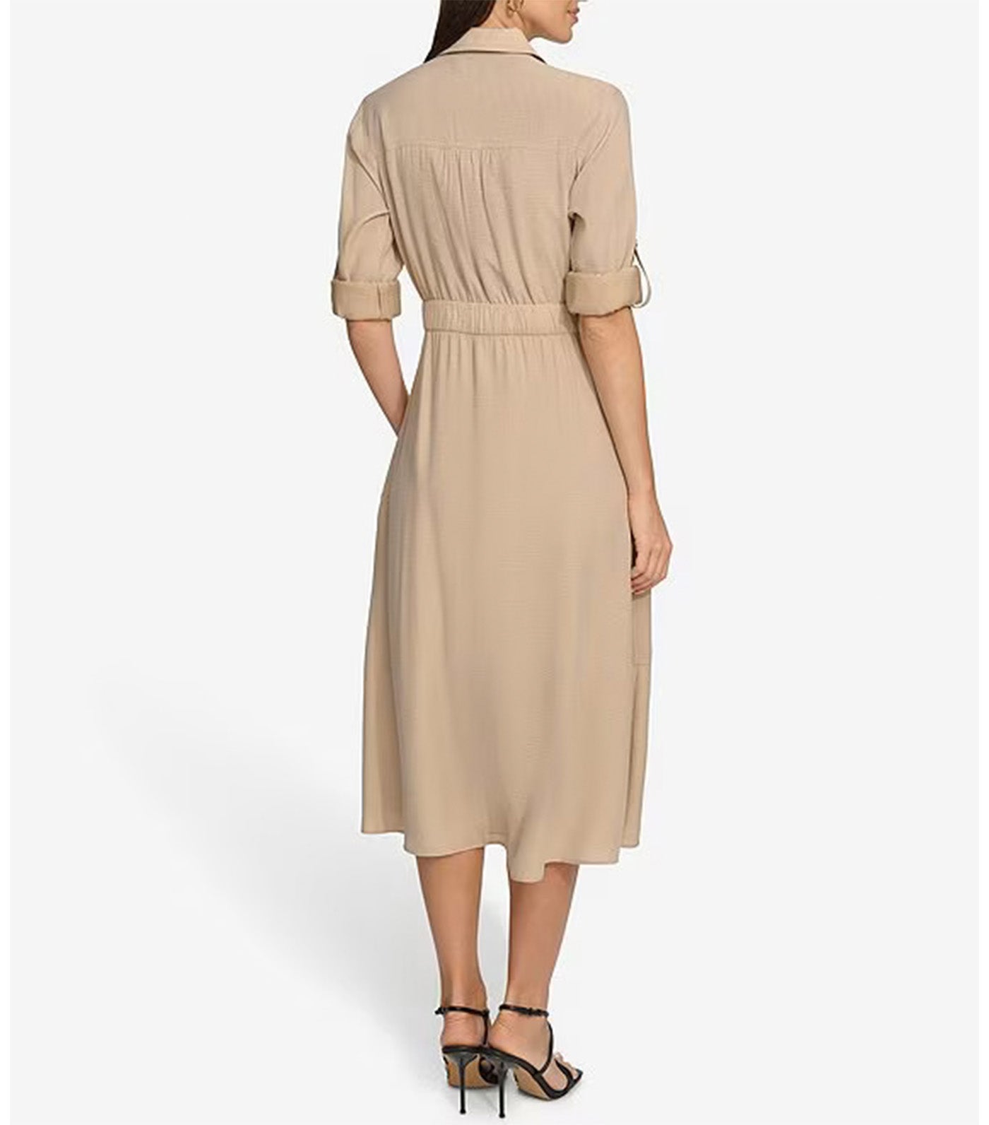 Long Sleeve Silky Cargo Midi Dress Sandalwood