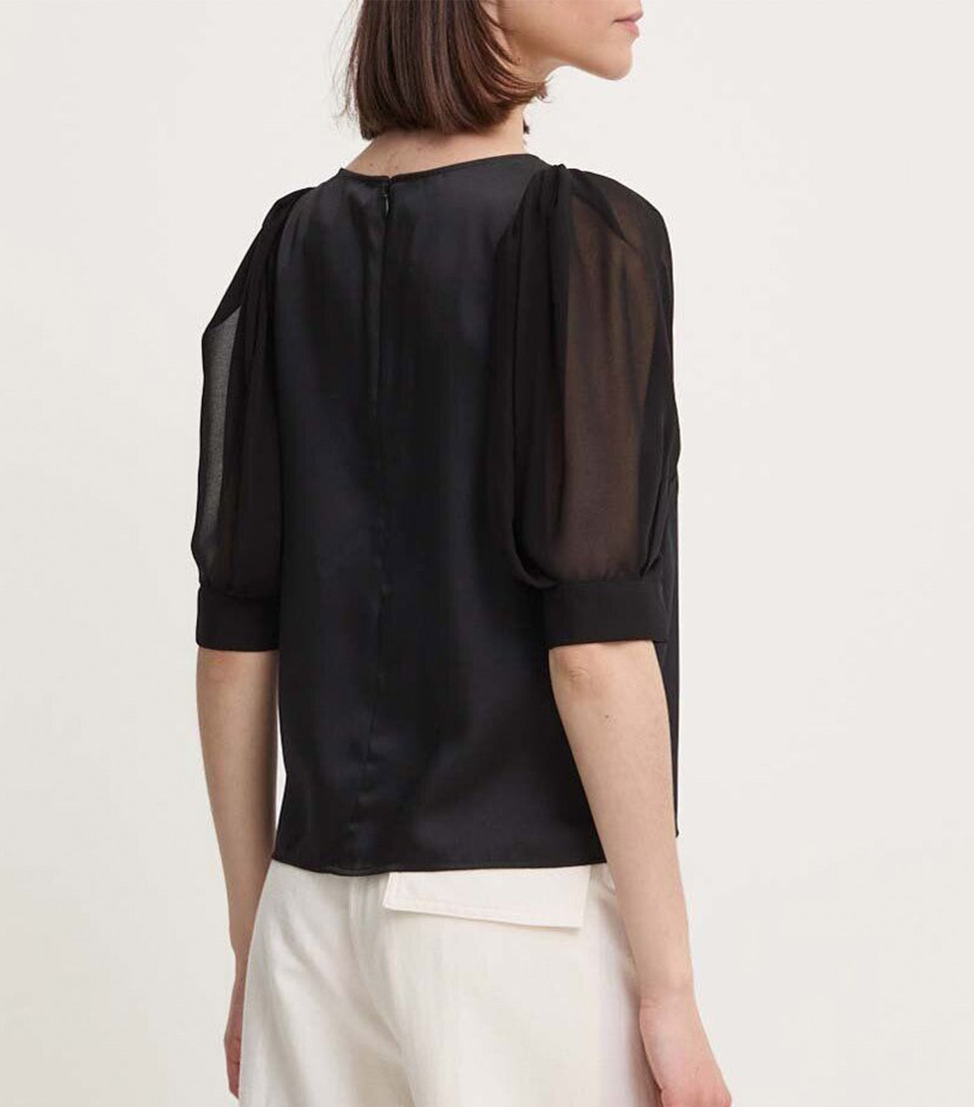 3/4 Sleeve Mix Media Blouse Black