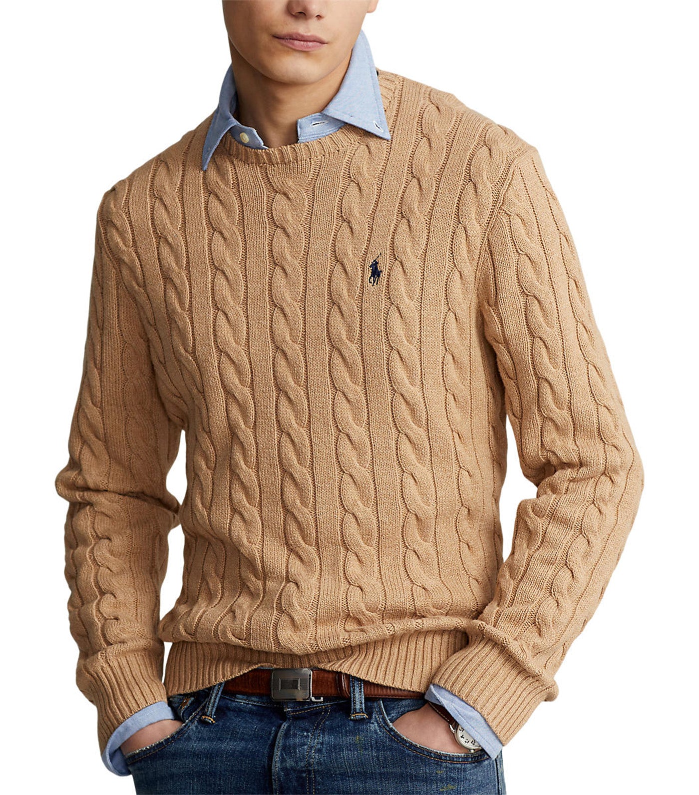 Men's Cable-Knit Cotton Sweater Camel Melange