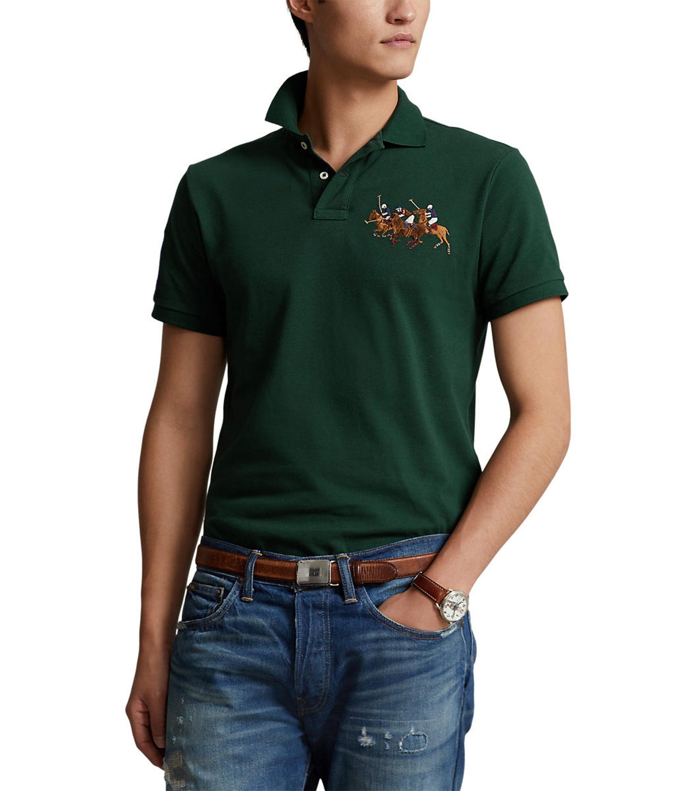 Men's Custom Slim Fit Triple-Pony Polo Shirt Dark Green