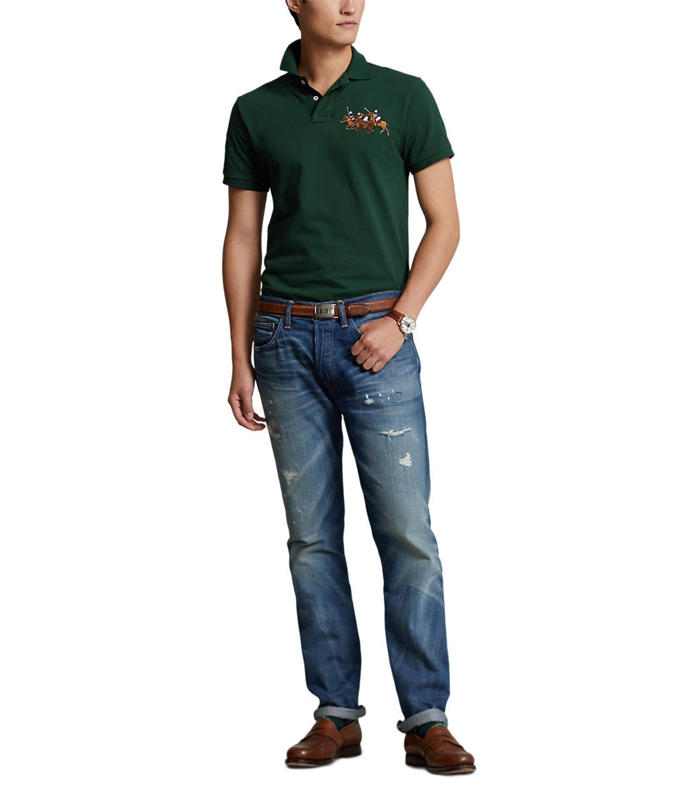 Men's Custom Slim Fit Triple-Pony Polo Shirt Dark Green