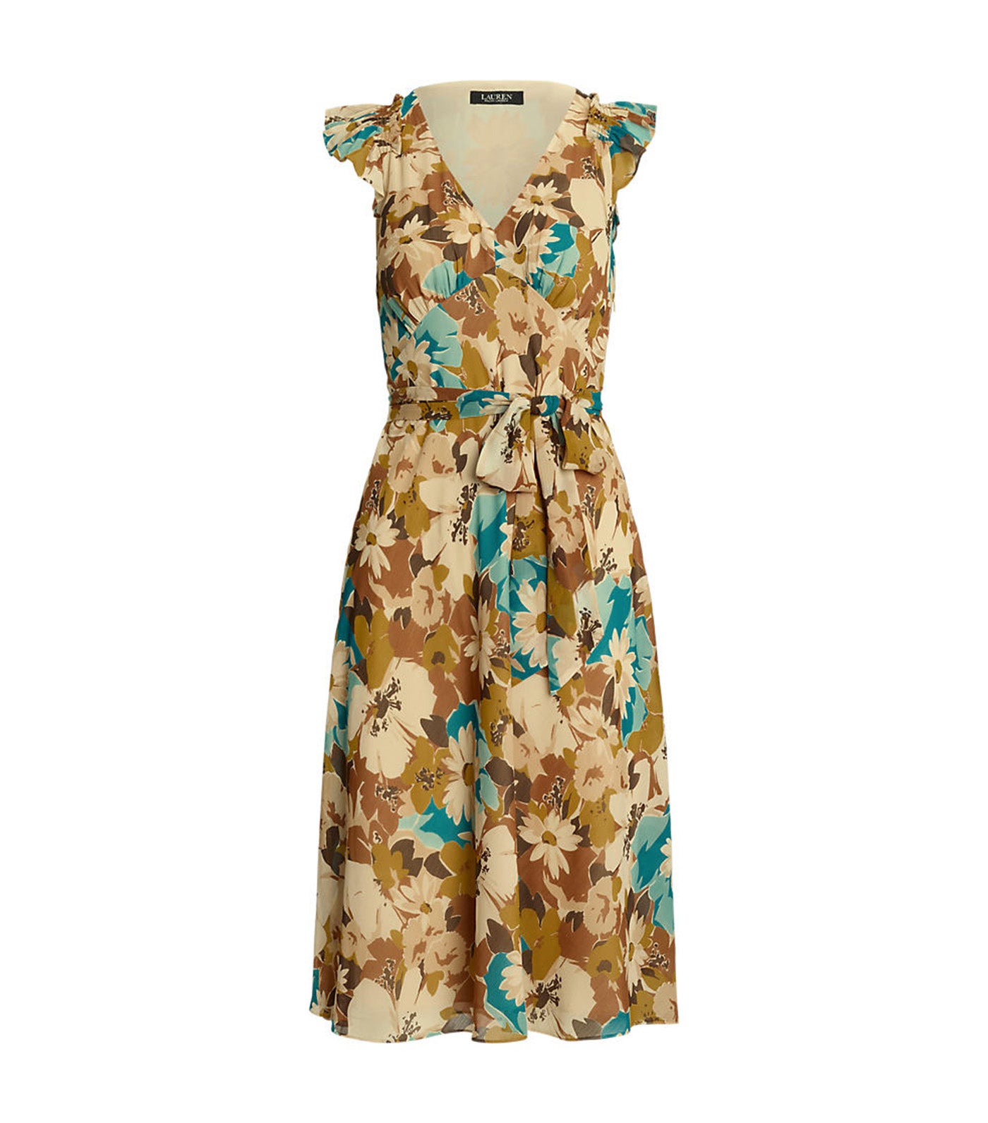 Women's Floral Belted Crinkle Georgette Dress Cream Multi