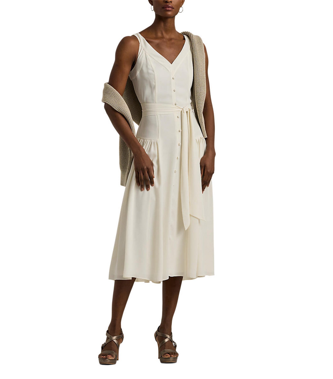 Women's Belted Georgette Sleeveless Dress Mascarpone Cream