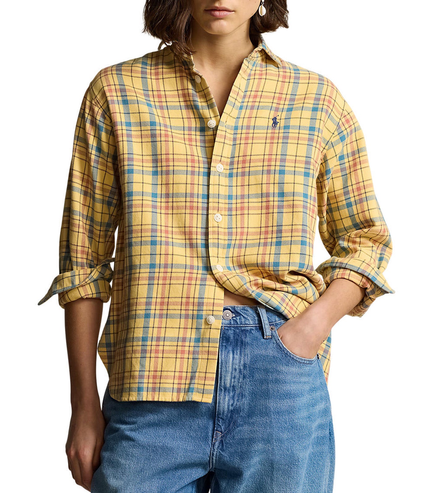 Women's Relaxed Fit Plaid Cotton Shirt Yellow Multi Plaid