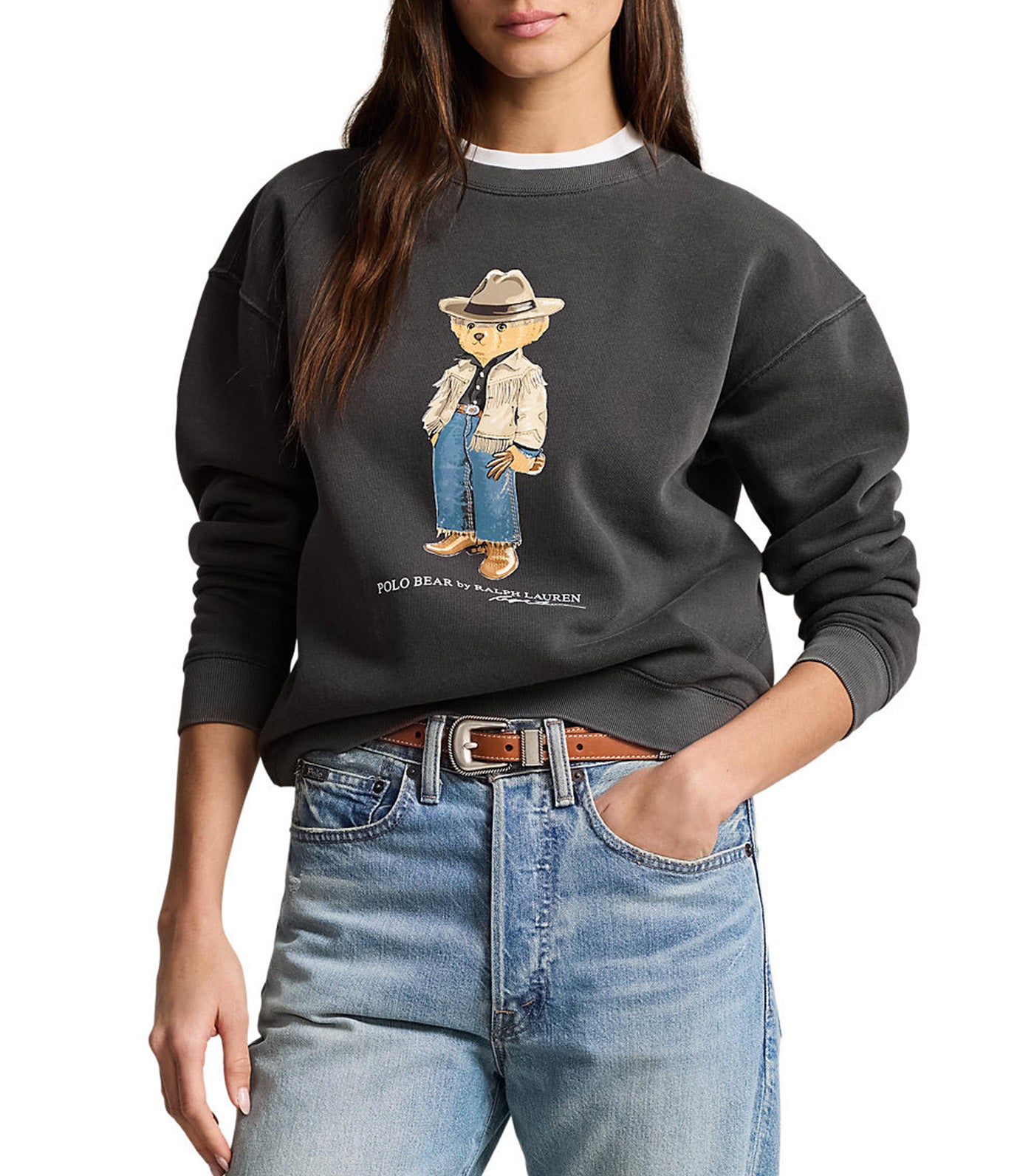 Women's Polo Bear Fleece Crewneck Pebble Black