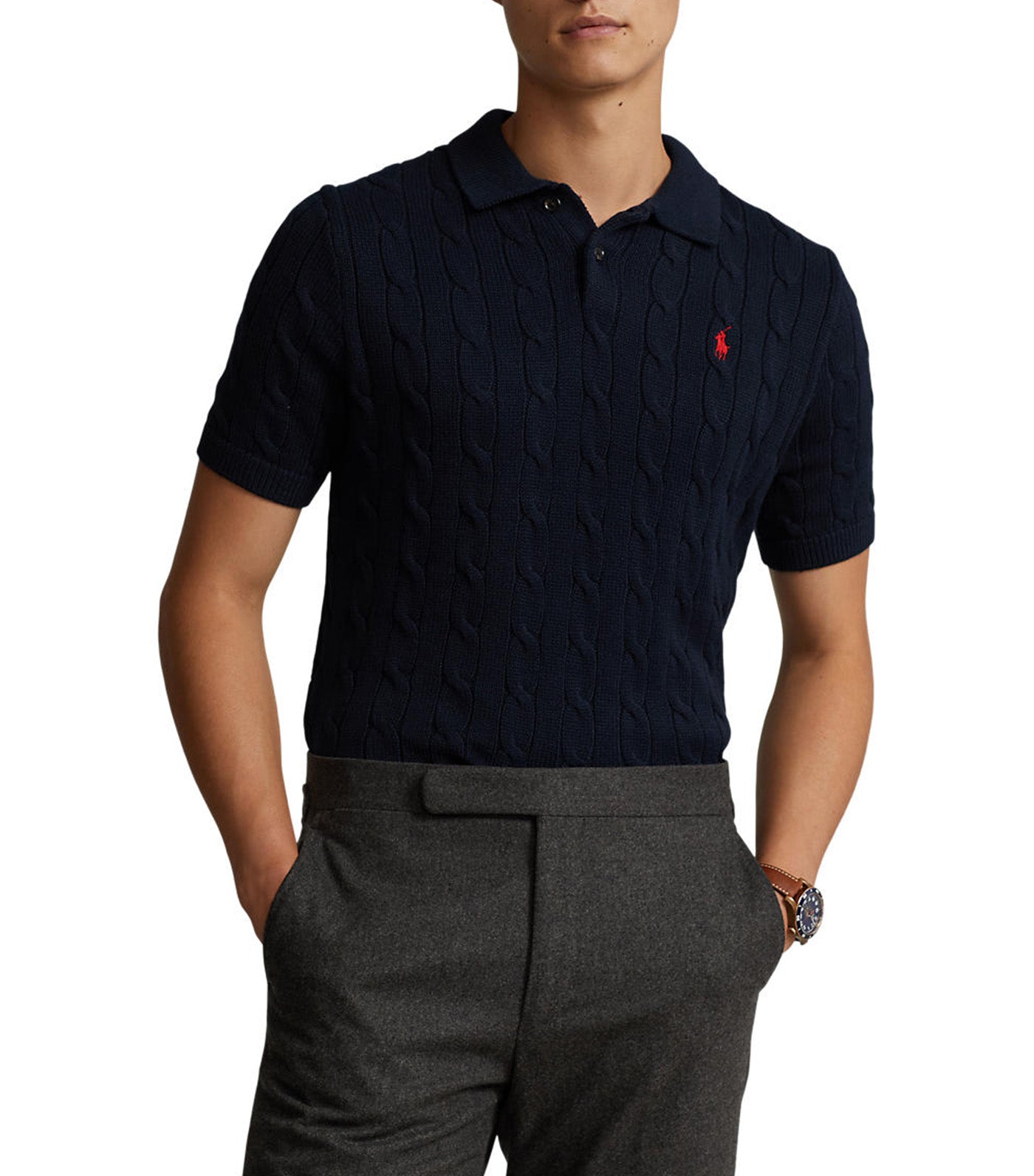 Cable-Knit Cotton Polo-Collar Sweater Hunter Navy