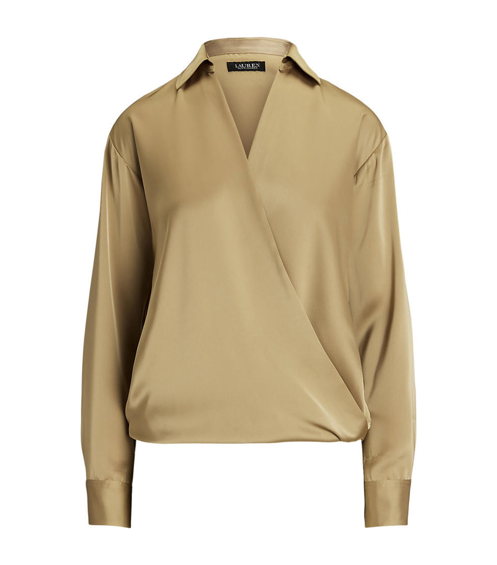Lauren Ralph Lauren Women's Satin Charmeuse Surplice Blouse Birch Tan ...