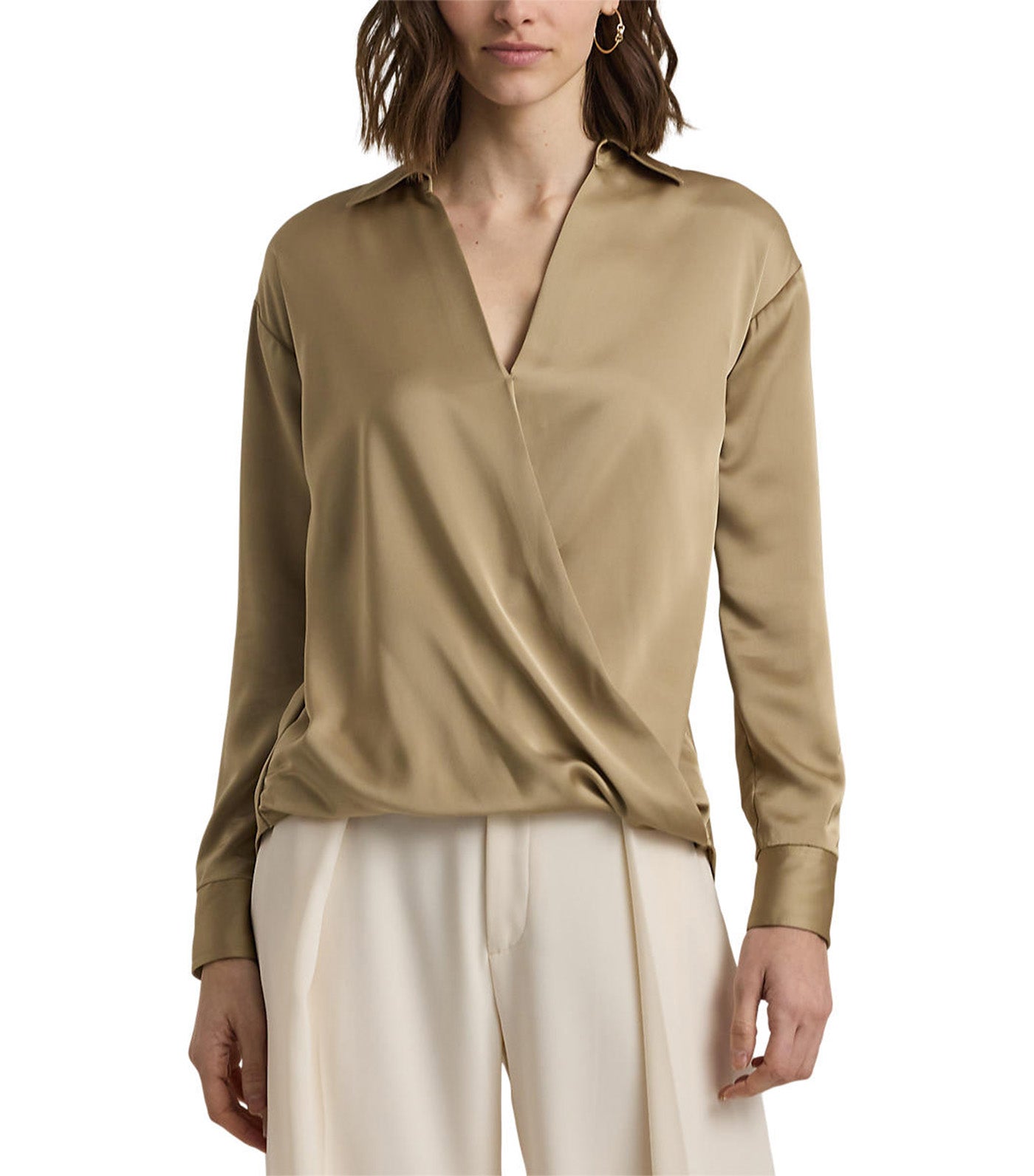 Women's Satin Charmeuse Surplice Blouse Birch Tan