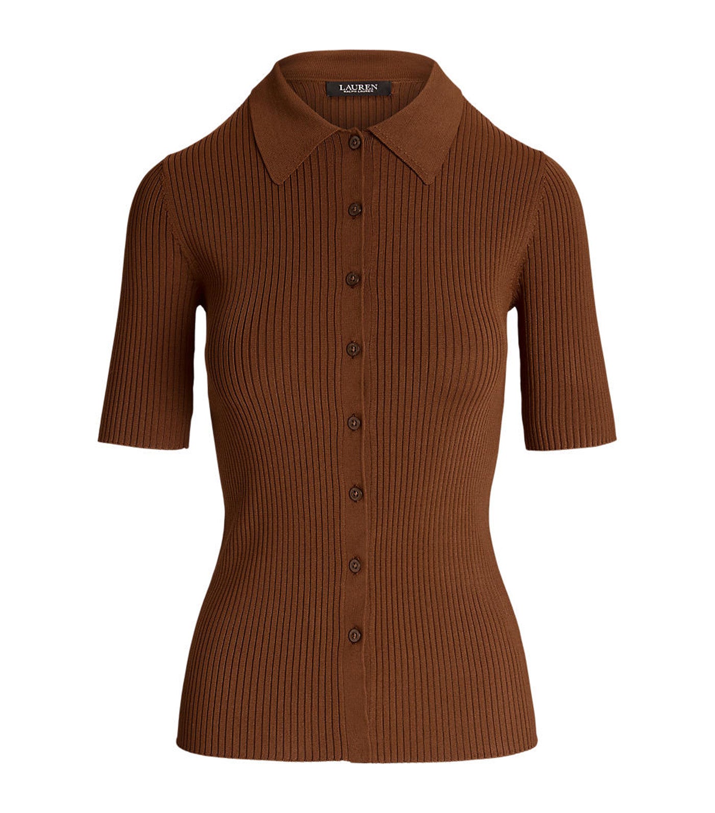 Women's Rib-Knit Elbow-Sleeve Polo Cardigan Dark Terracotta