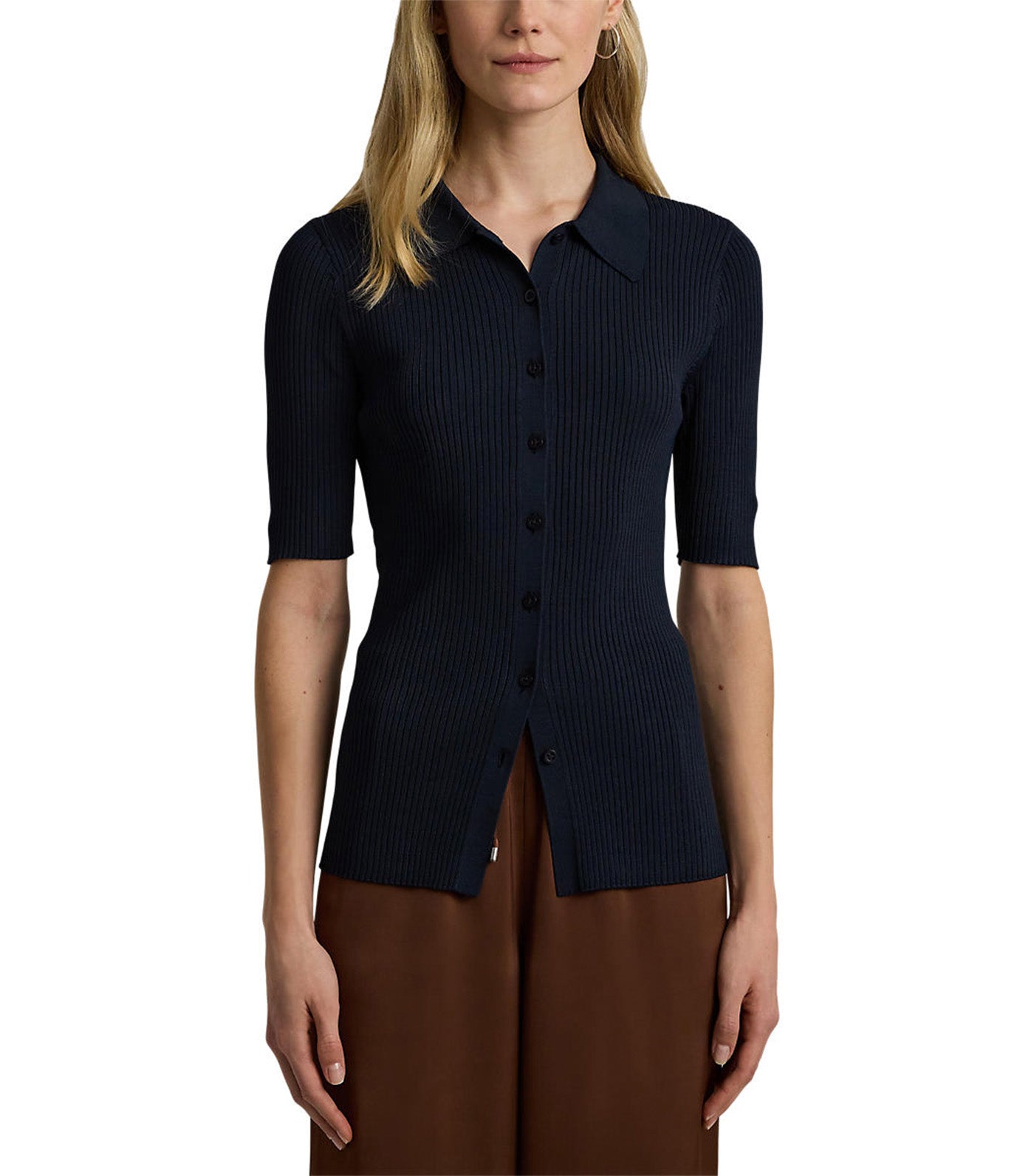 Women's Rib-Knit Elbow-Sleeve Polo Cardigan Lauren Navy