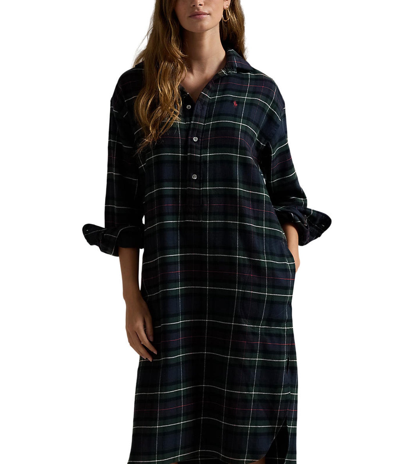 Women's Plaid Cotton Shirtdress Navy/Red Multi Plaid