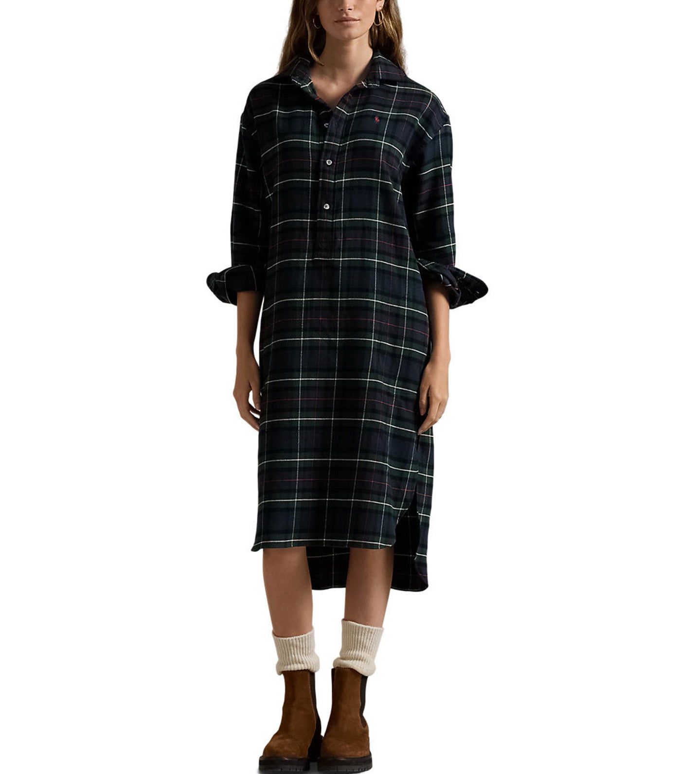 Women's Plaid Cotton Shirtdress Navy/Red Multi Plaid