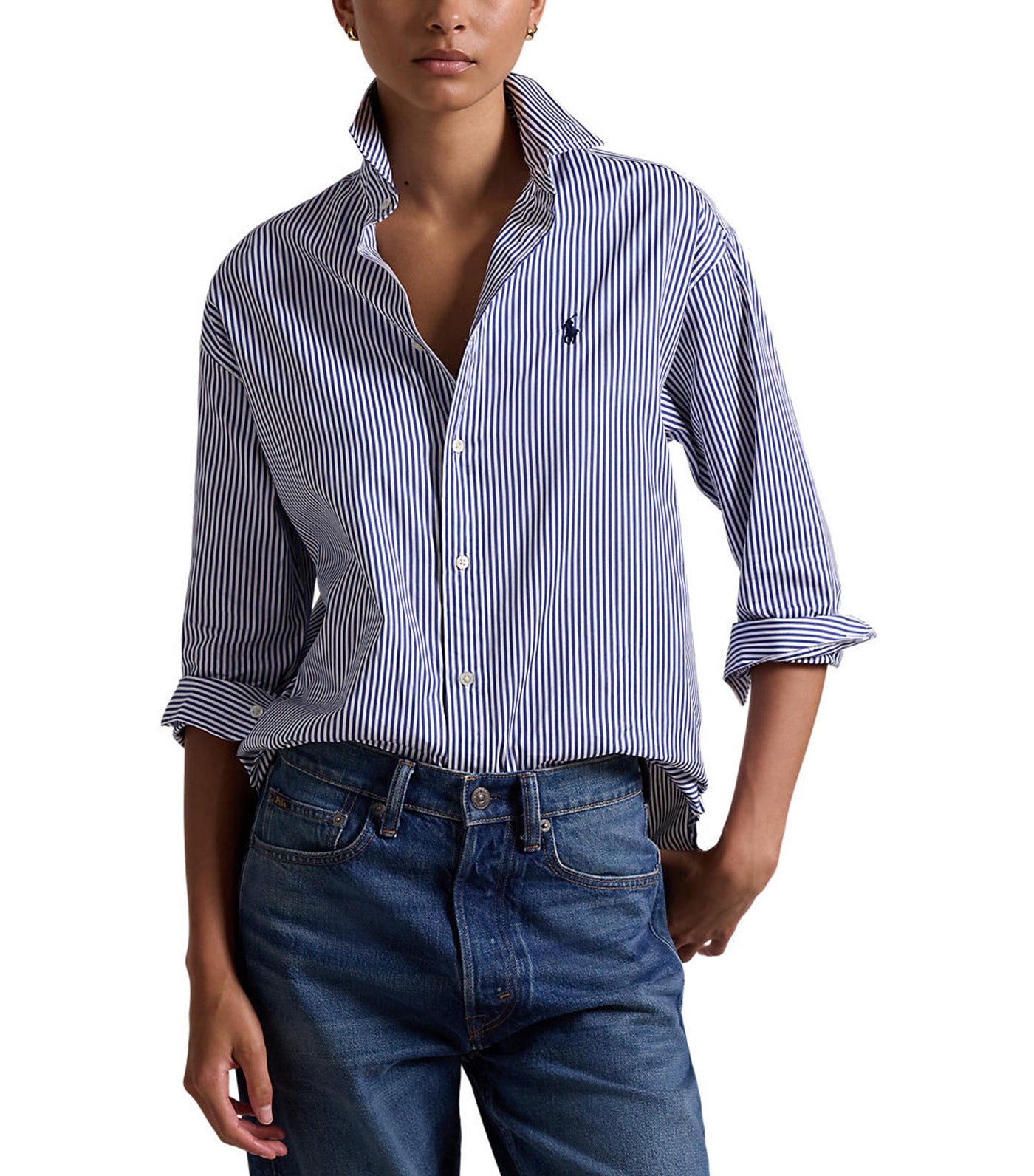 Women's Relaxed Fit Striped Cotton Shirt Navy