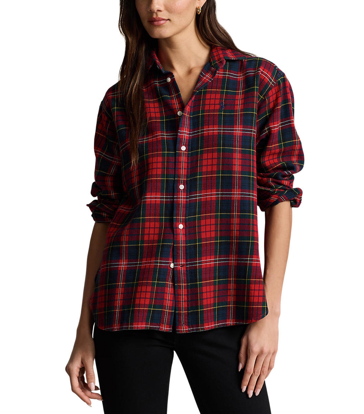 Women's Relaxed Fit Plaid Cotton Shirt Red Multi