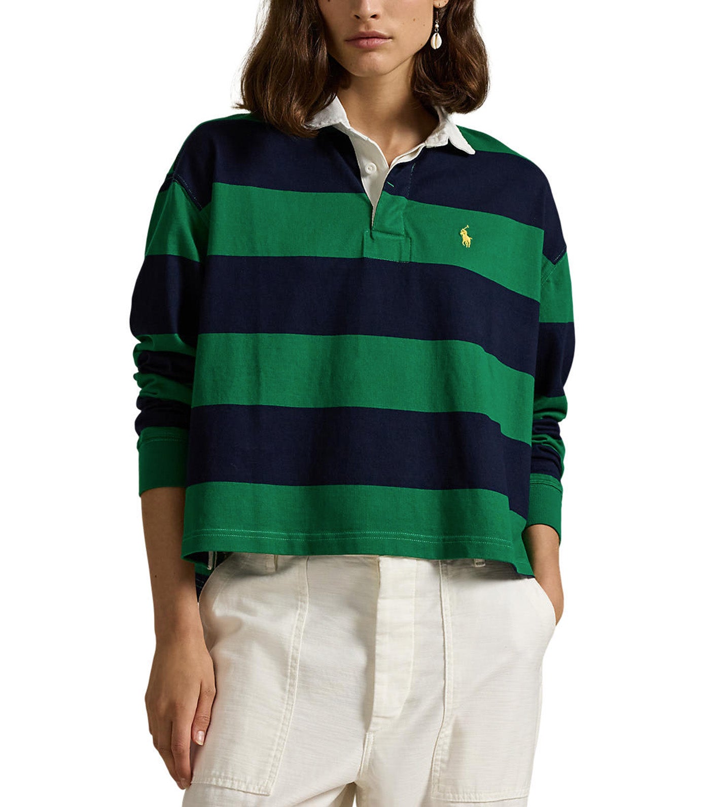 Women's Striped Cropped Jersey Rugby Shirt Green/Navy