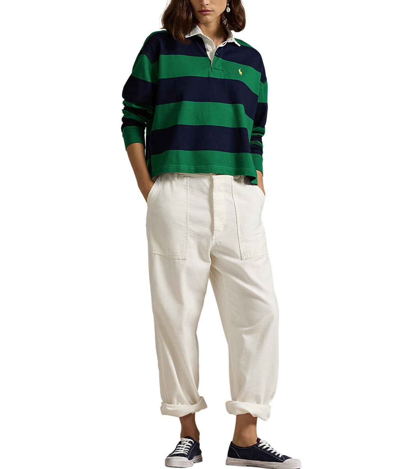 ■POLO RALPH LAUREN■ W Stripe Crop Jersey Rugby ShirtGreen Genuine Polo Ralph Lauren Womens Striped Cropped Jersey