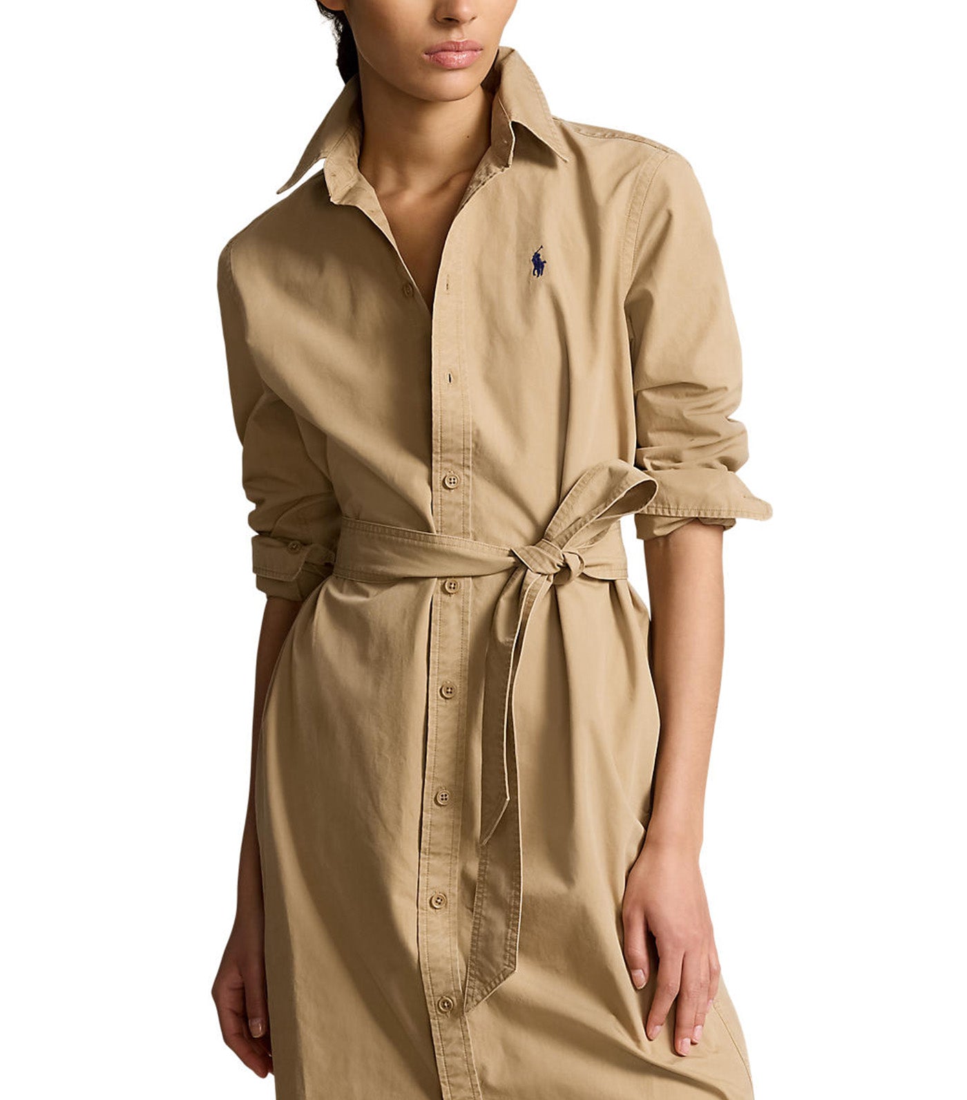 Women's Belted Cotton Midi Shirtdress Khaki