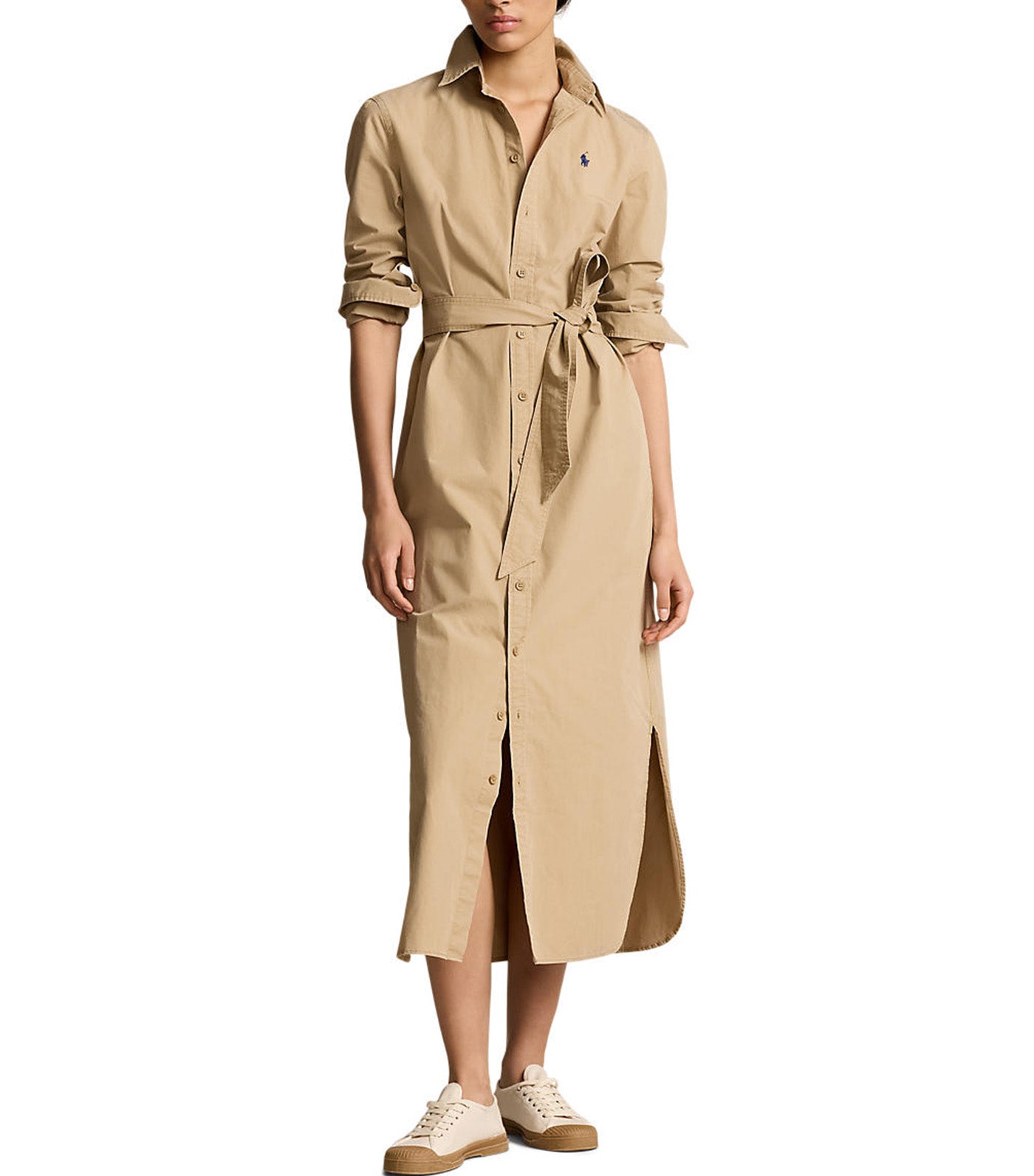 Women's Belted Cotton Midi Shirtdress Khaki