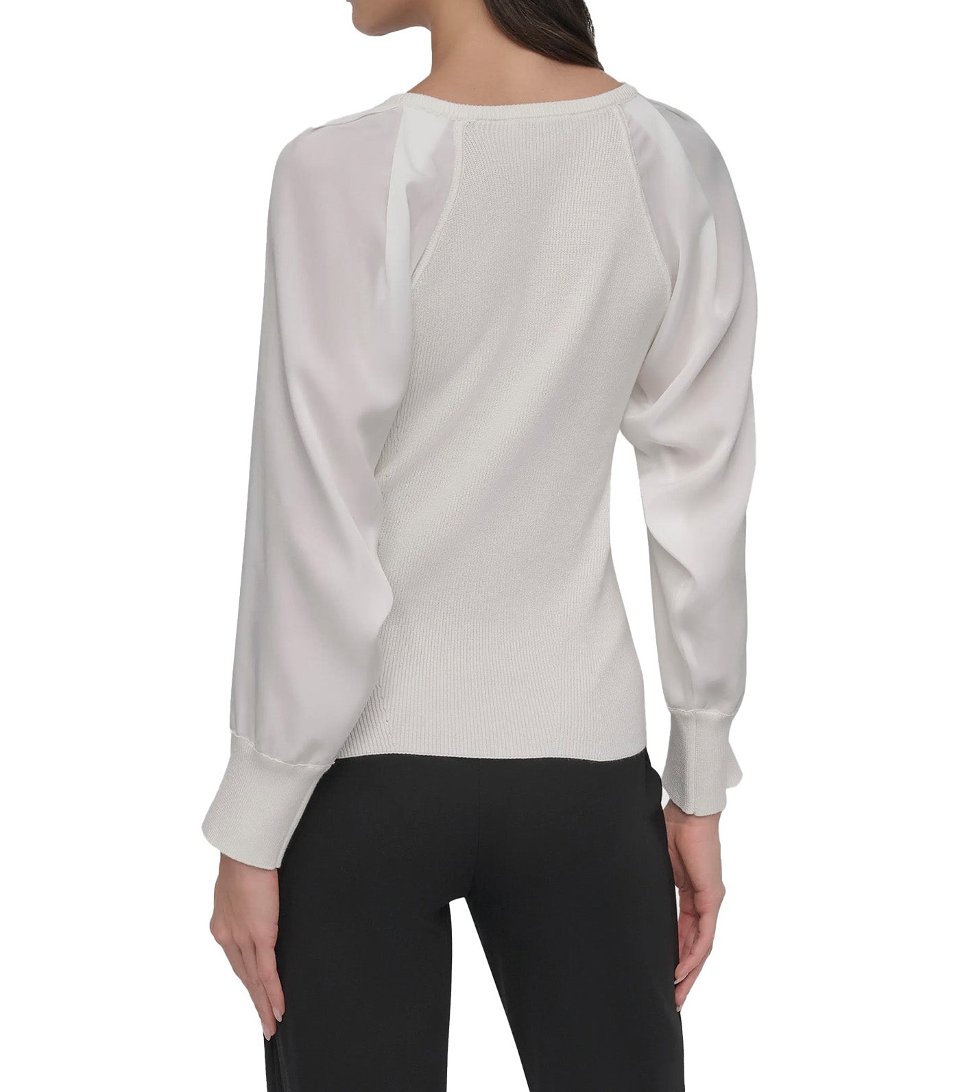 Long Sleeve Mix Media V-Neck Sweater Ivory