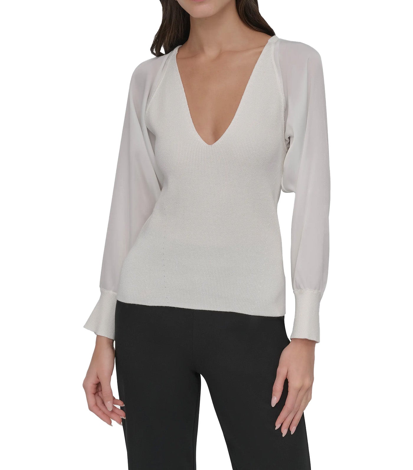 Long Sleeve Mix Media V-Neck Sweater Ivory