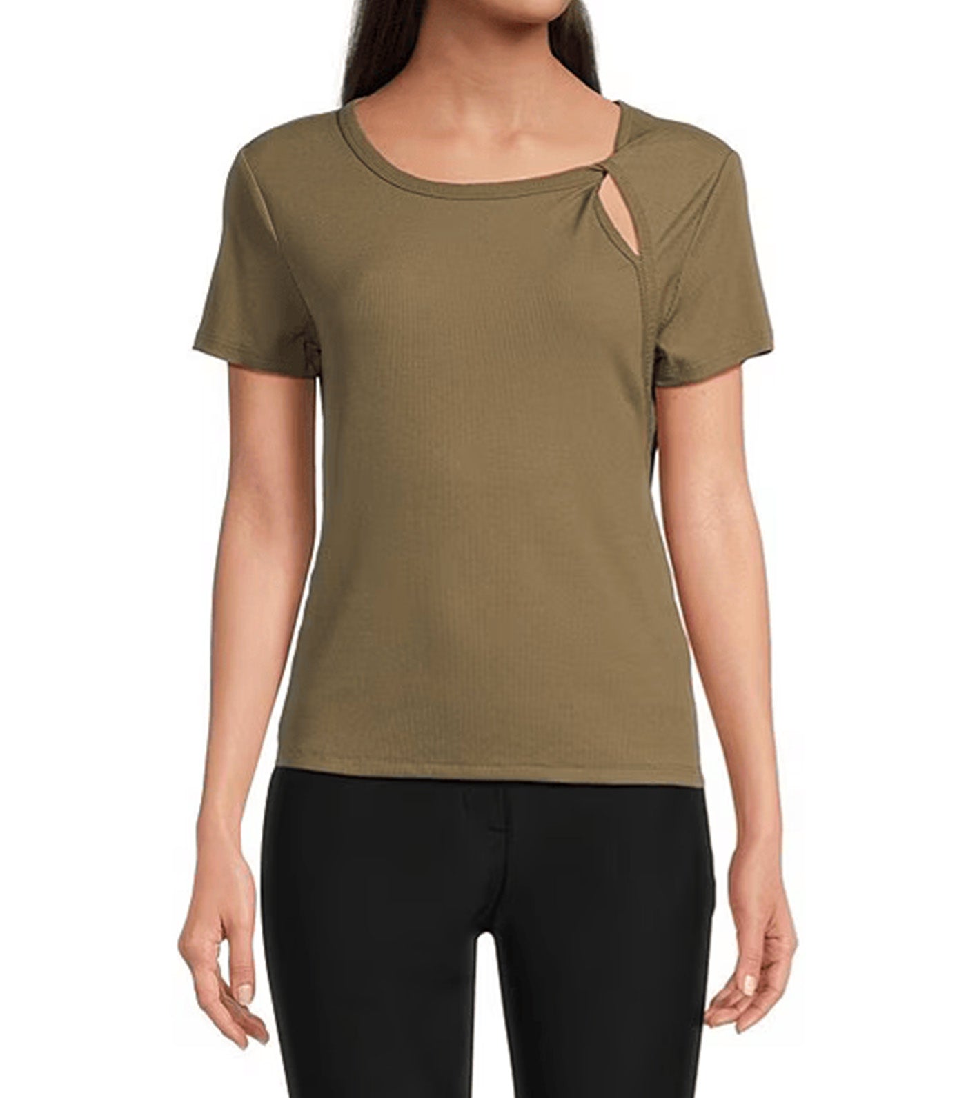 Short Sleeve Twist Neck Rib Knit Top