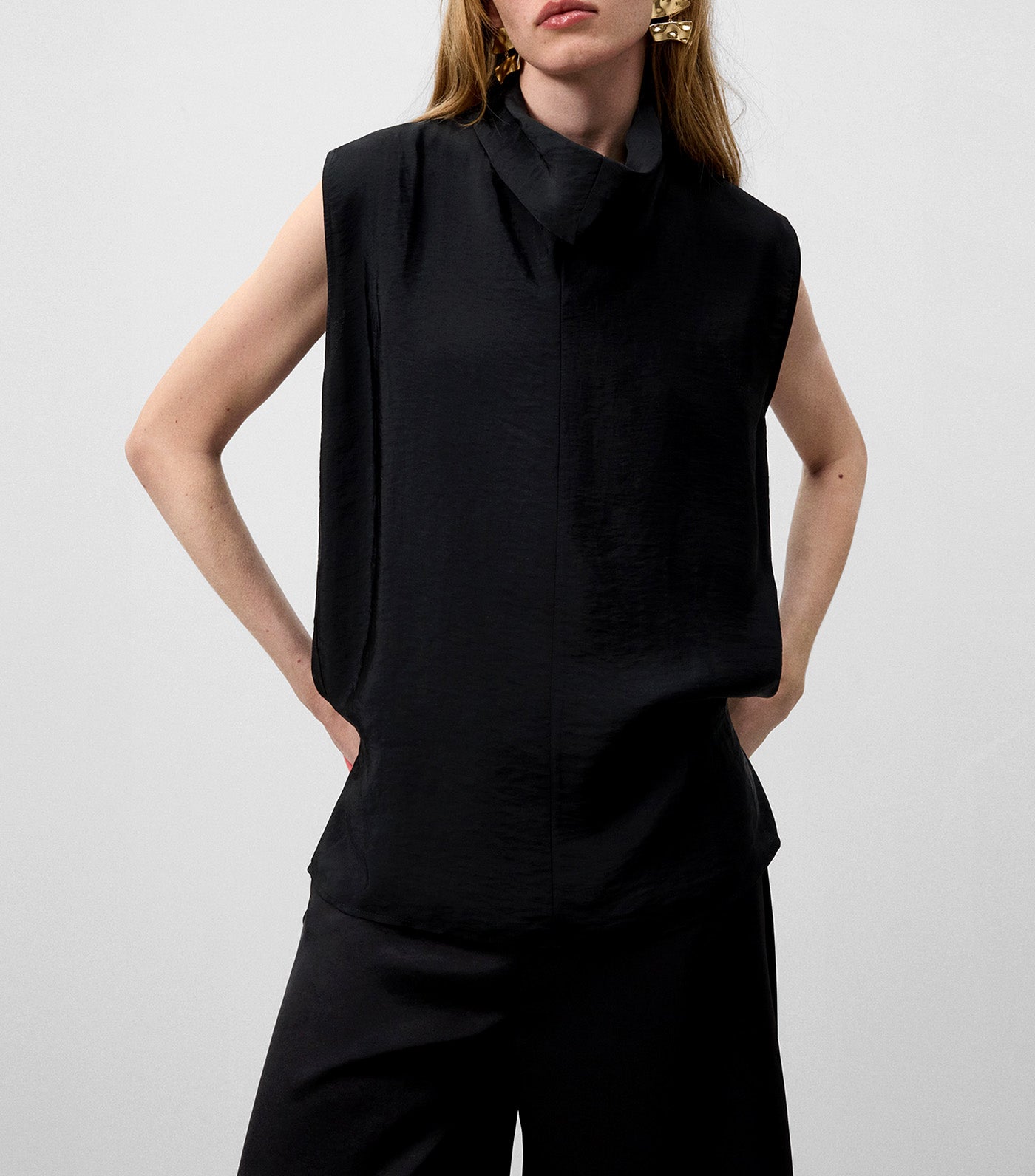 Draped High Neck Fluid Top Black