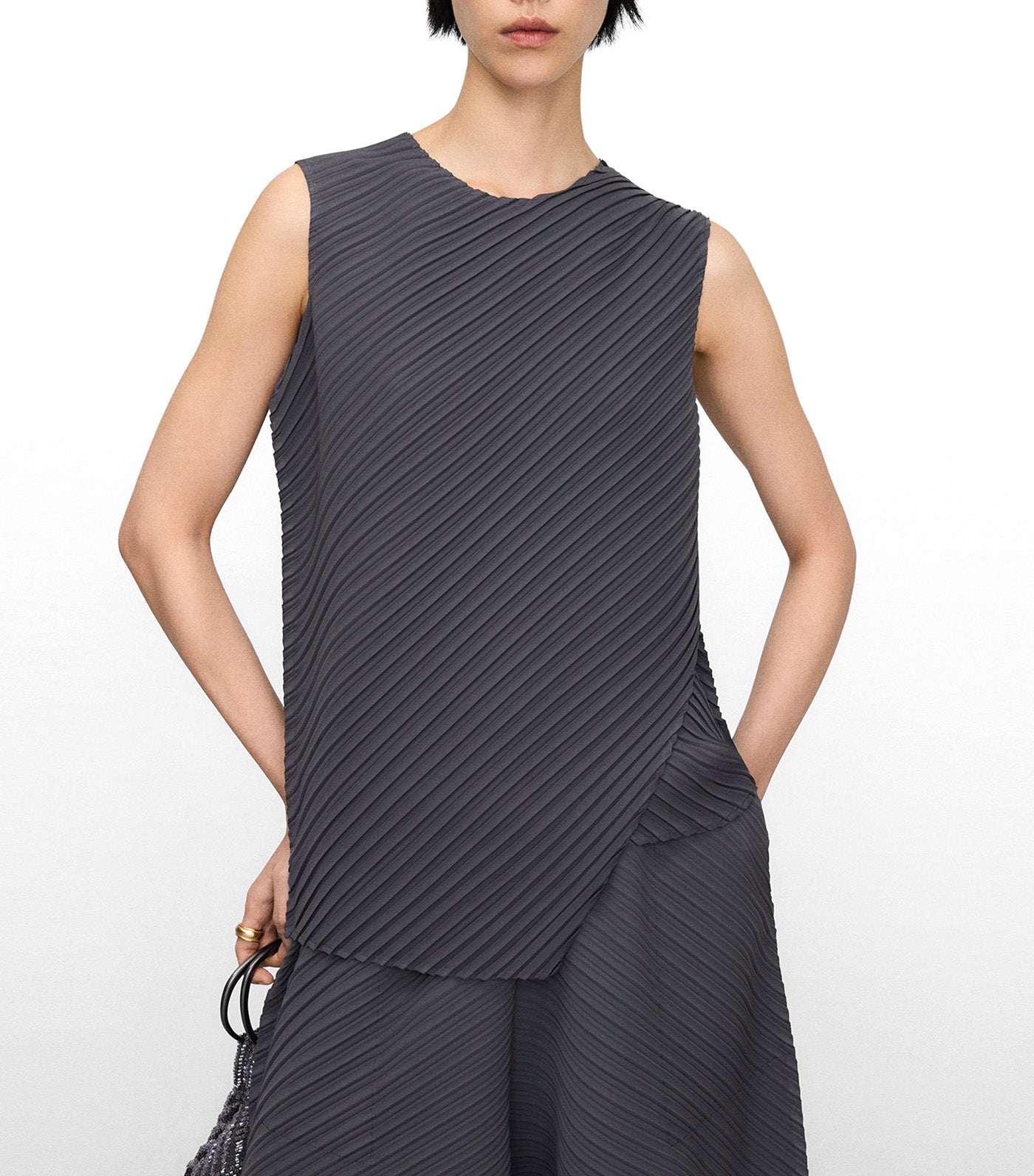 Adolfo Dominguez Crinkle Printed Asymmetric Top Gunmetal Gray