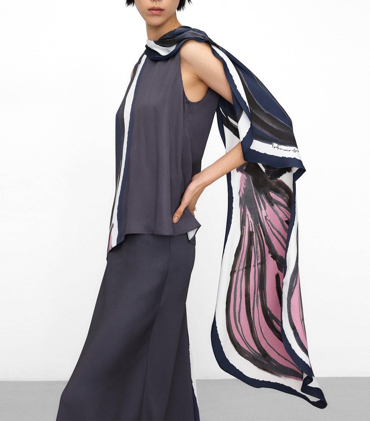 Adolfo Dominguez Printed Top with a Scarf Neck Flower Stamped