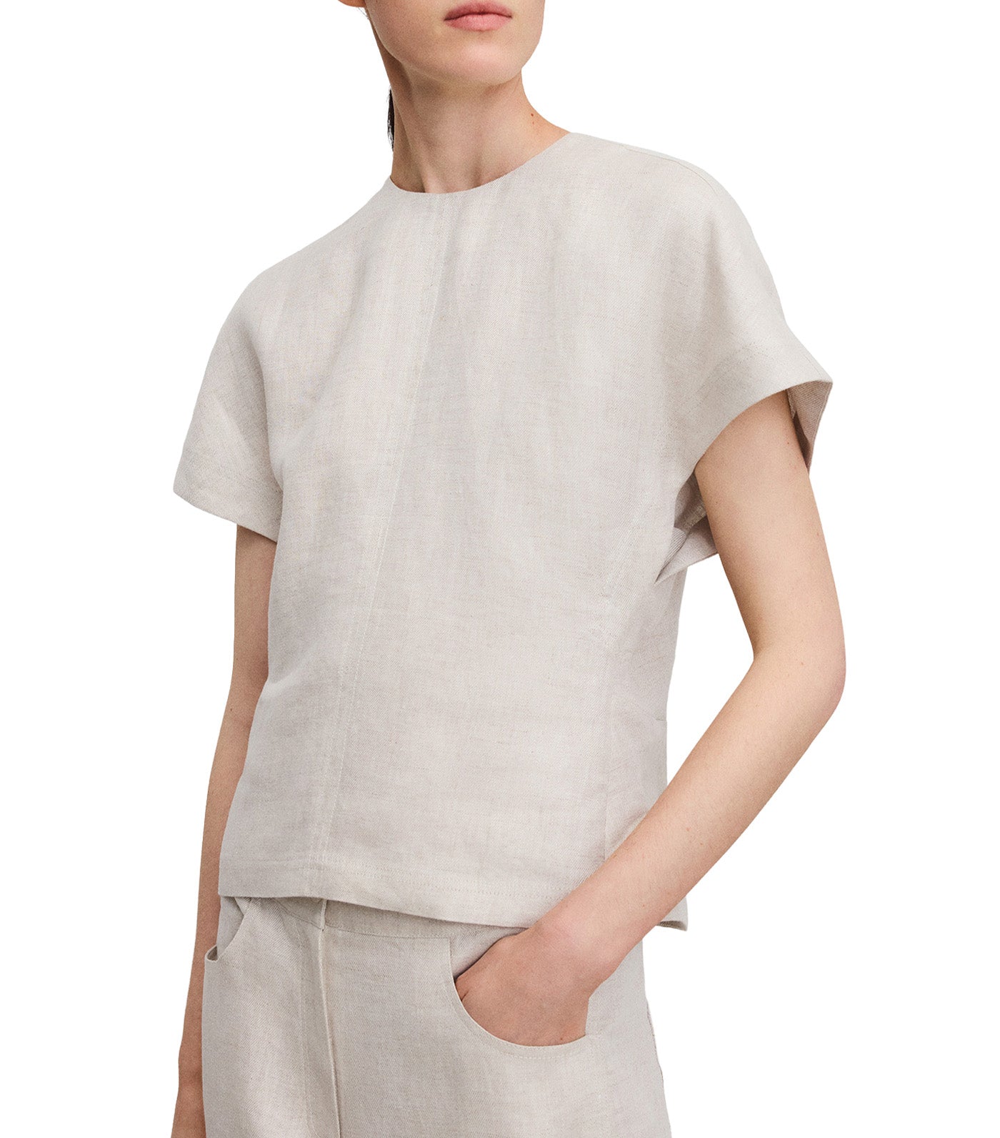 Linen Japanese Sleeve Semi-Fitted Top Stone