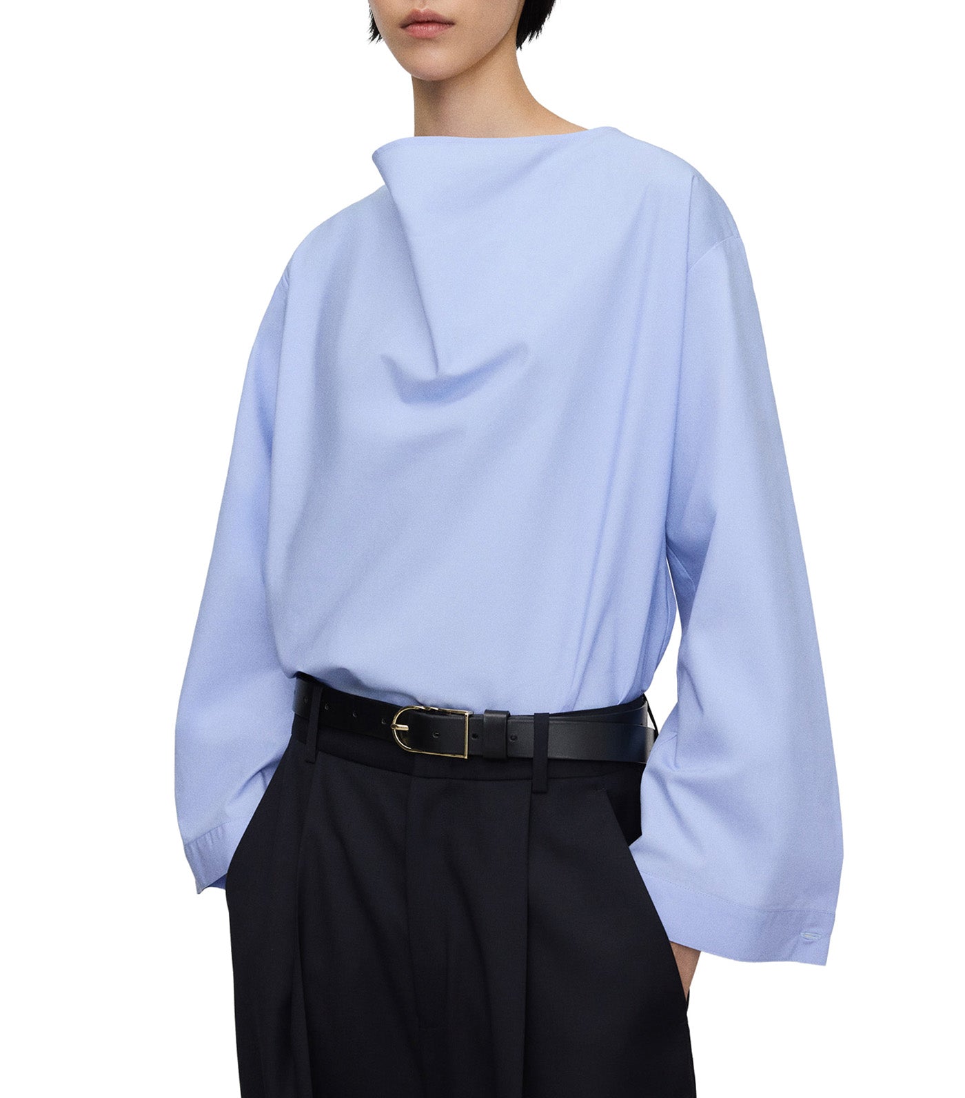 Draped Boat Neckline Blouse Light Blue