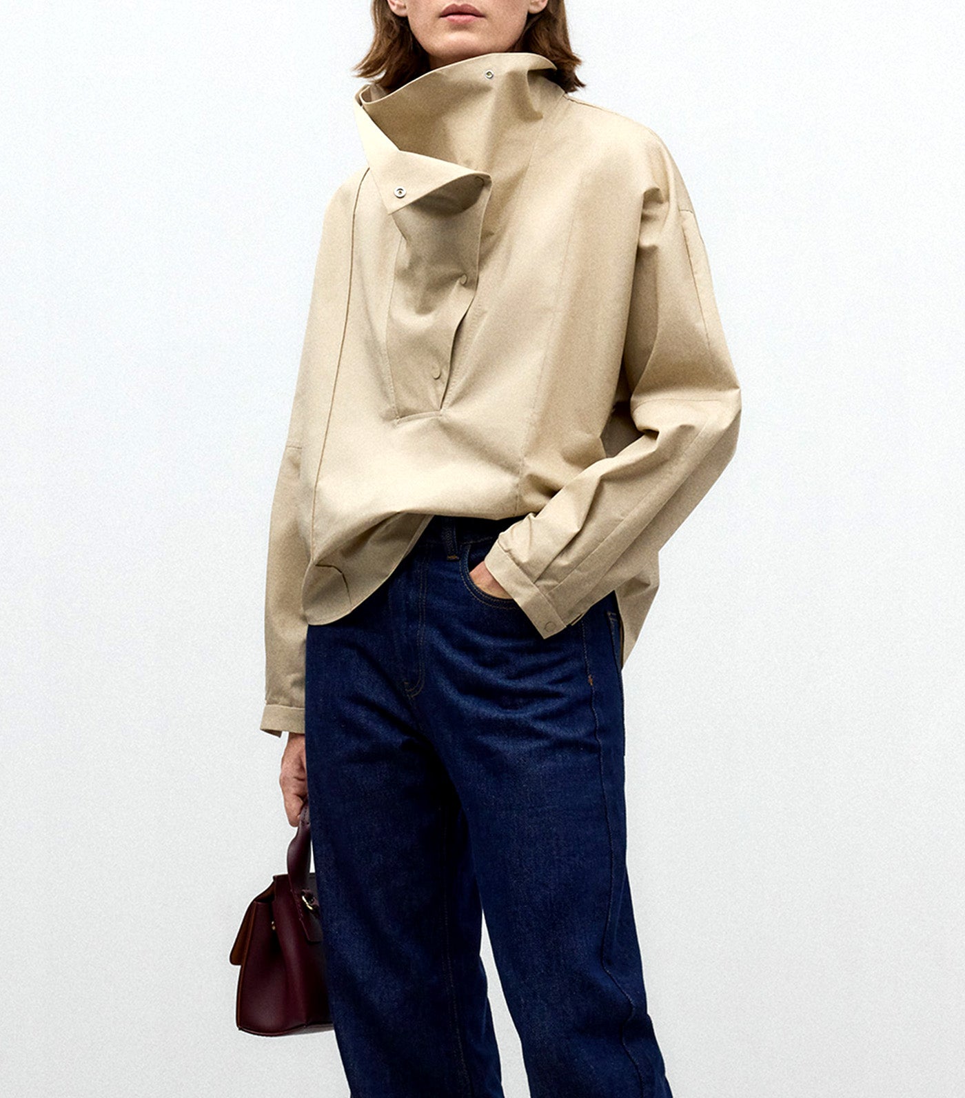 Chimney Neck Cotton Shirt Beige