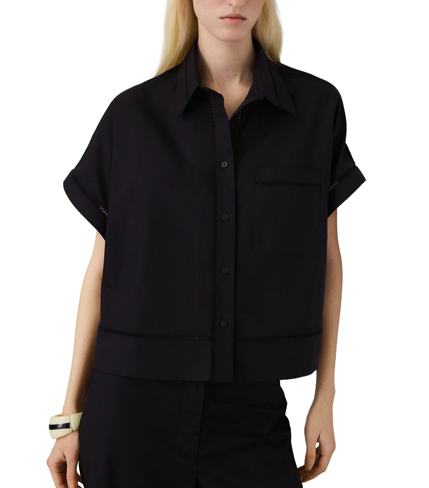 Cotton Shirt with Lace Trim Black