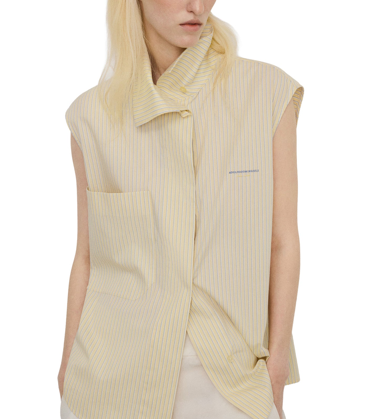 Cotton Wrap Funnel Neck Striped Shirt Yellow Stripe