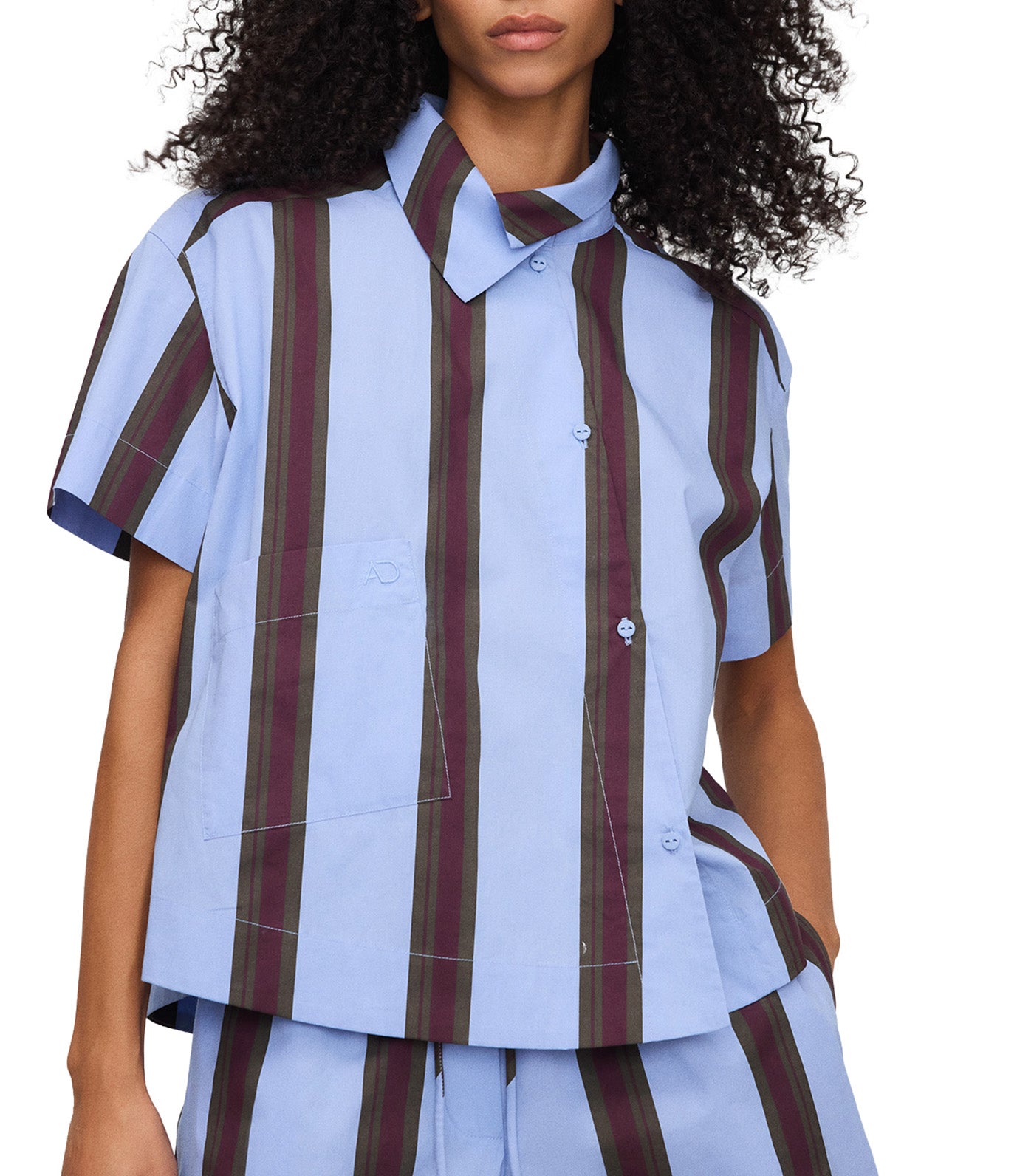 Cotton Striped Asymmetric Crop Shirt Blue Stripe