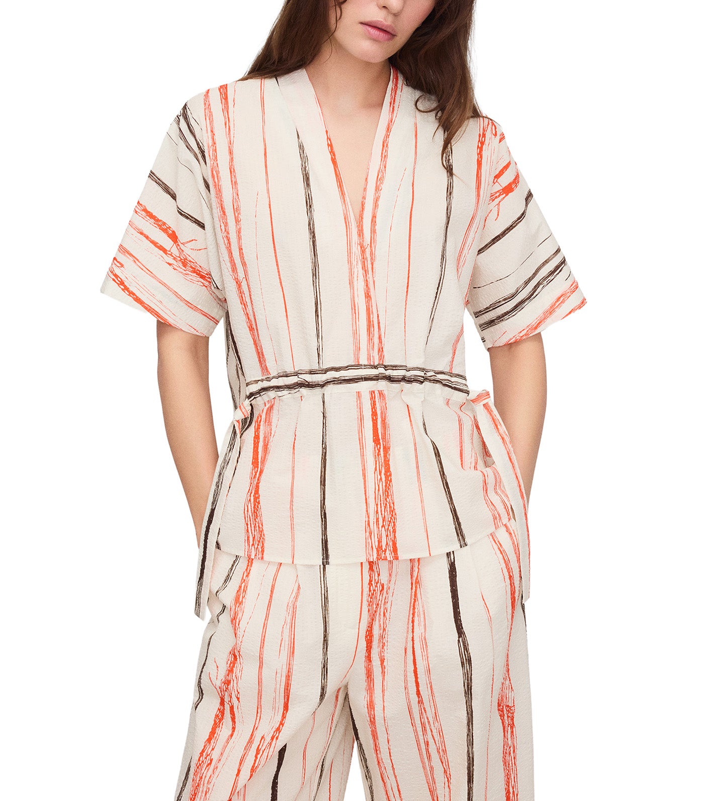 Irregular Striped Seersucker Top Black/Orange Stripes