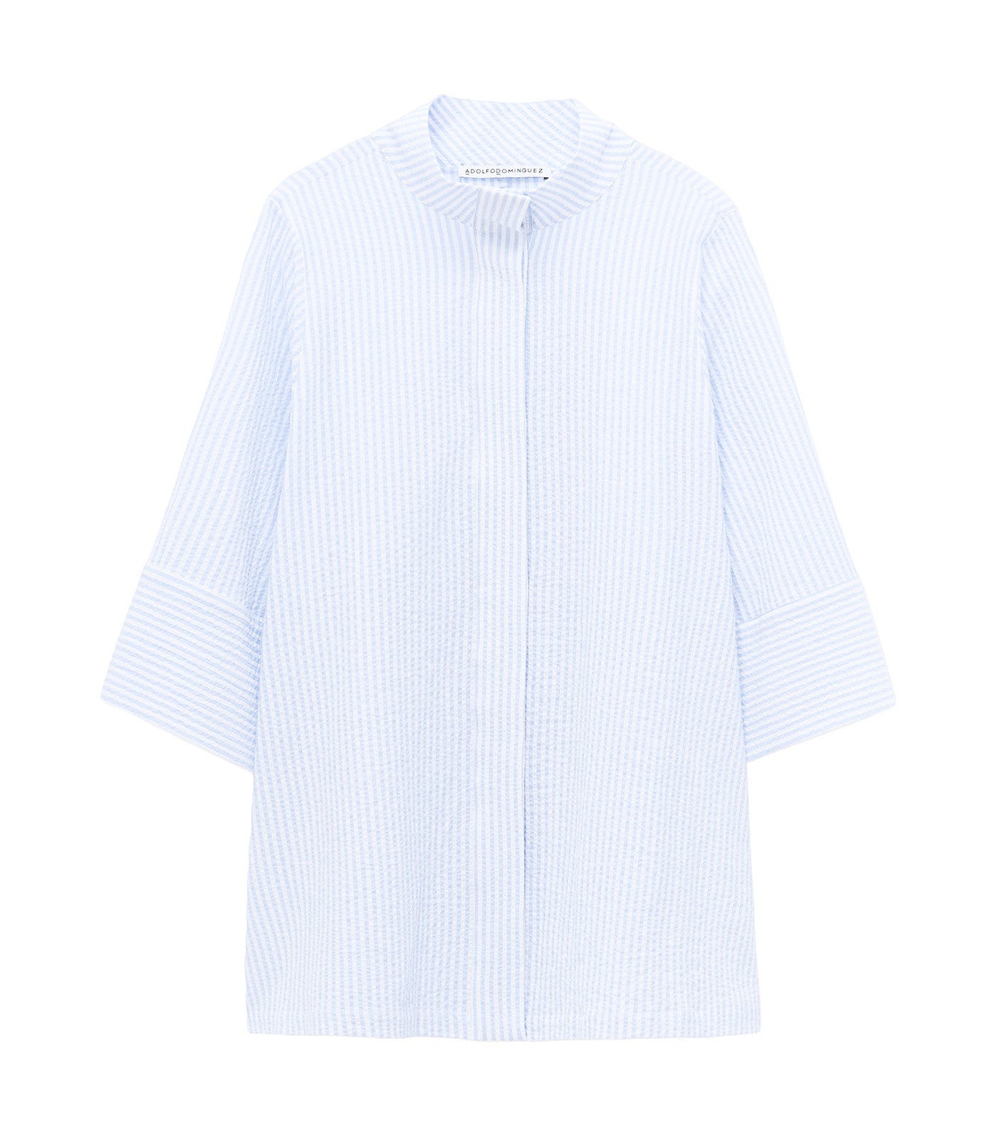 Seersucker Striped Band Collar Shirt Blue